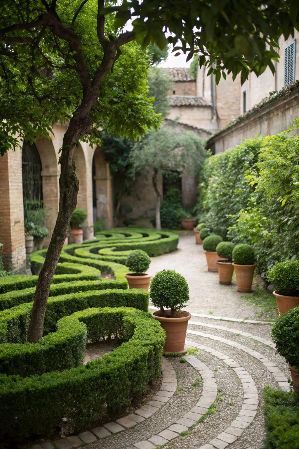 A crated flora pathway labyrinth permits seasonal customization.