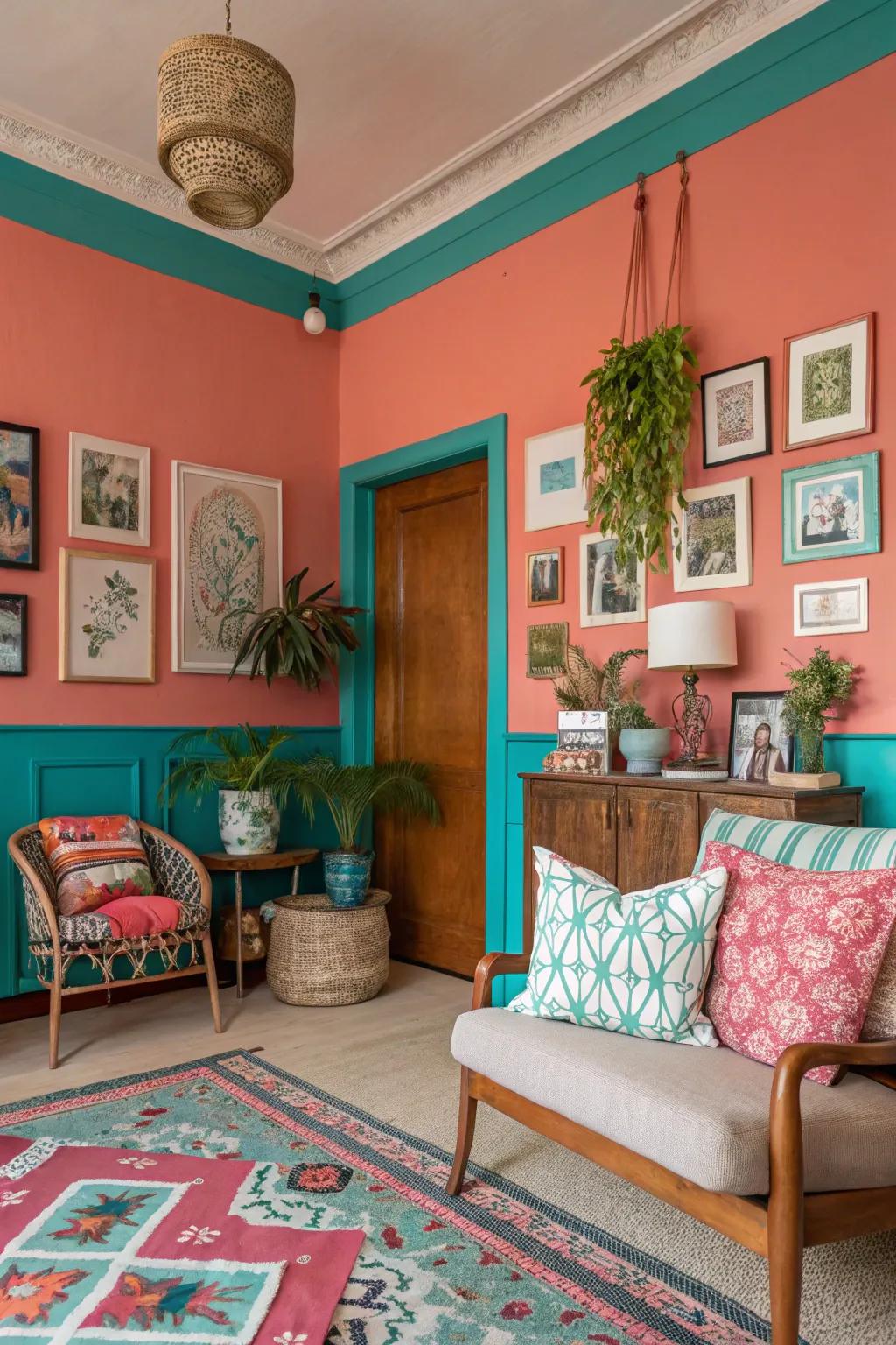 Bold and colorful with apricot walls and seafoam trim.