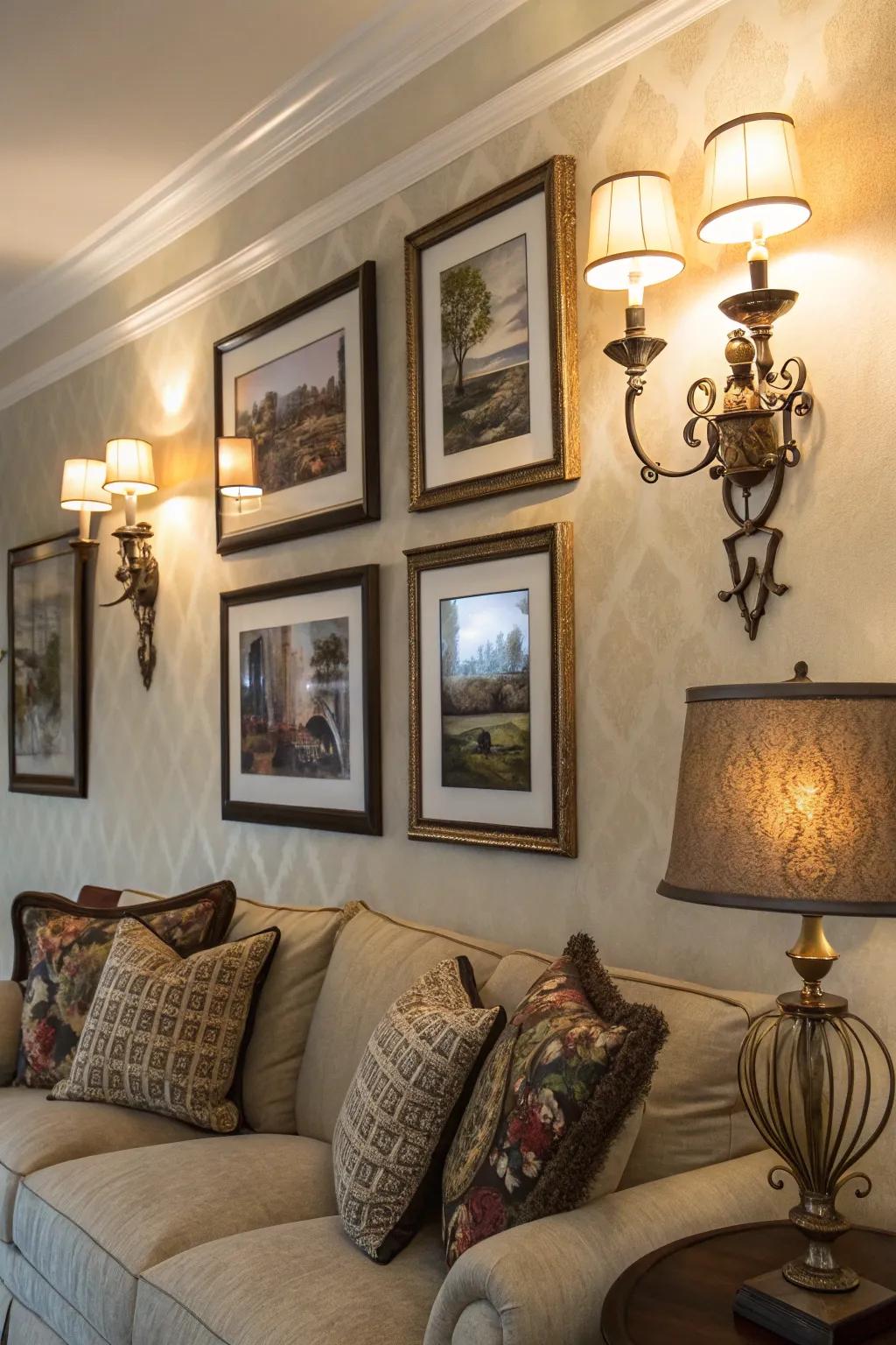 Sconces offer both style and operative lighting.