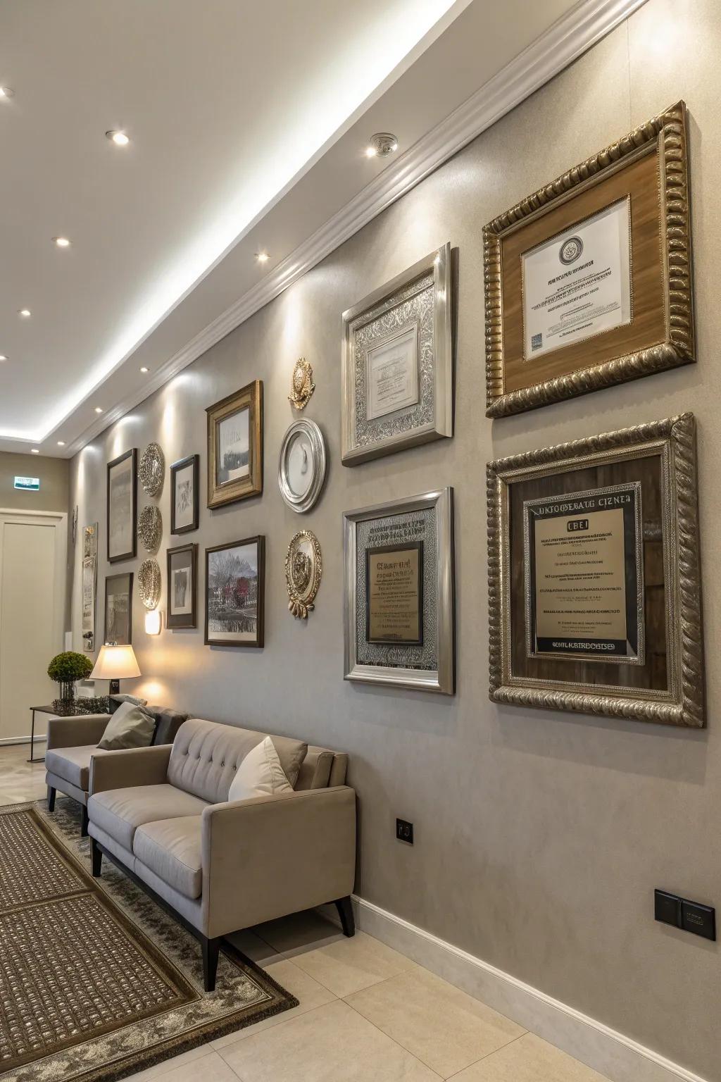 Glamorous metal touches adding shine to a wall of fame.