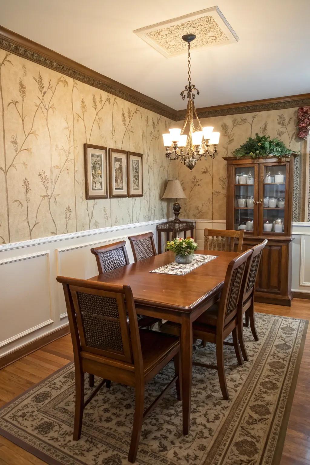 A dining room that gains structure with a fake facade wallpaper edging.