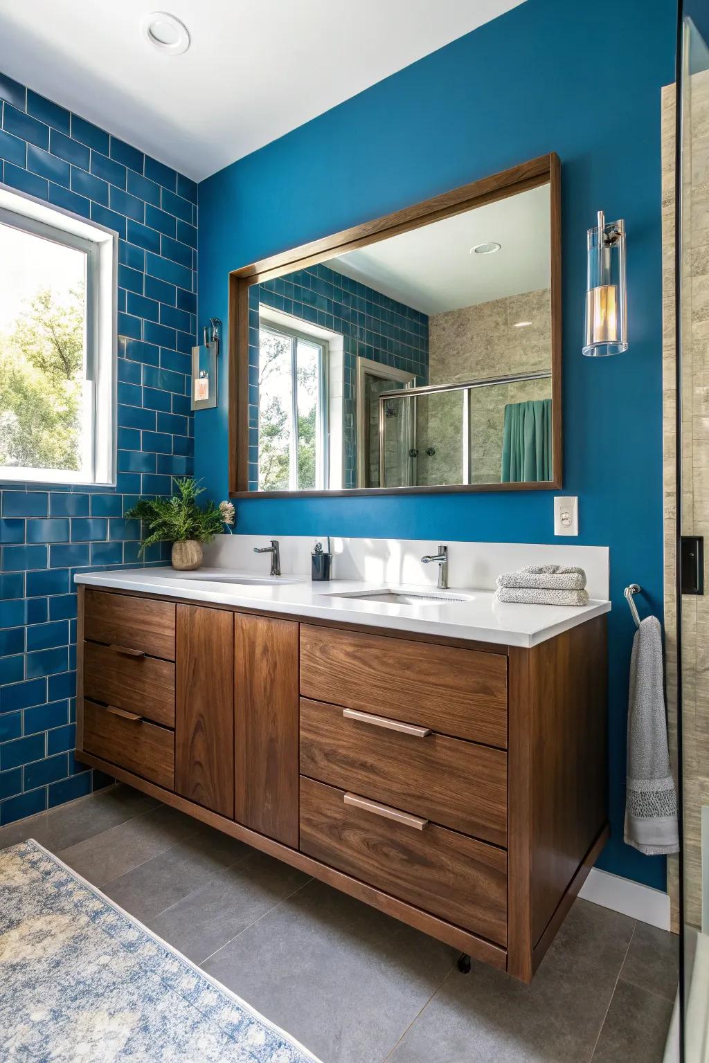 Fashion drama and flair through dramatic wall hues as a setting for a pecan vanity.