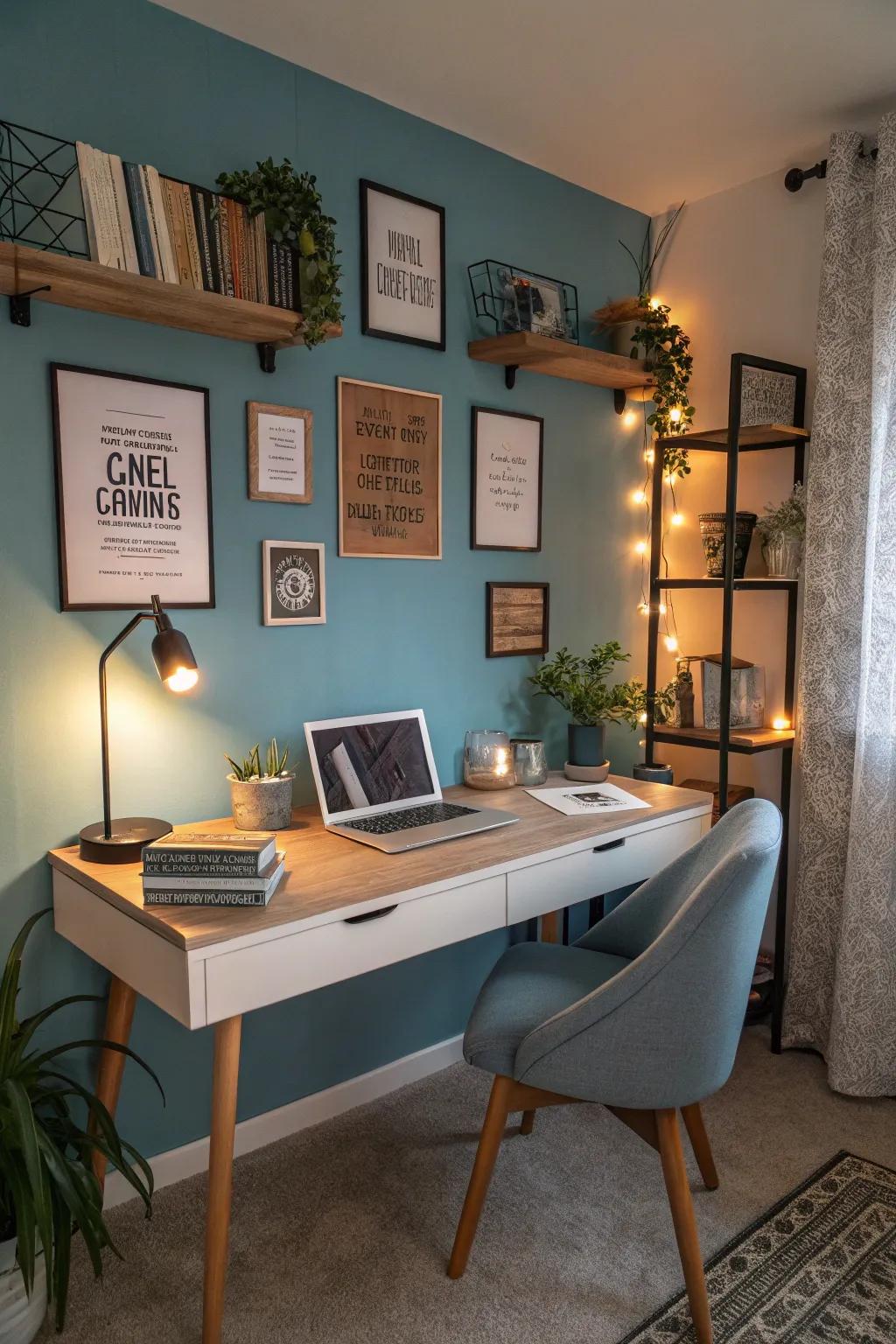 Enhance productivity with a creative domestic office painted in blue.