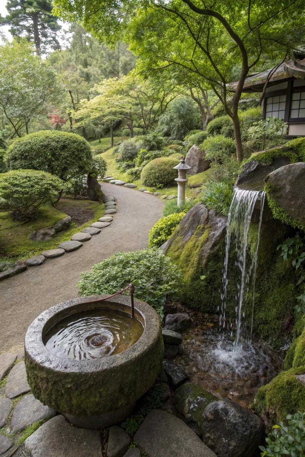 An elegant Japanese-inspired garden featuring a stone bowl waterfall.
