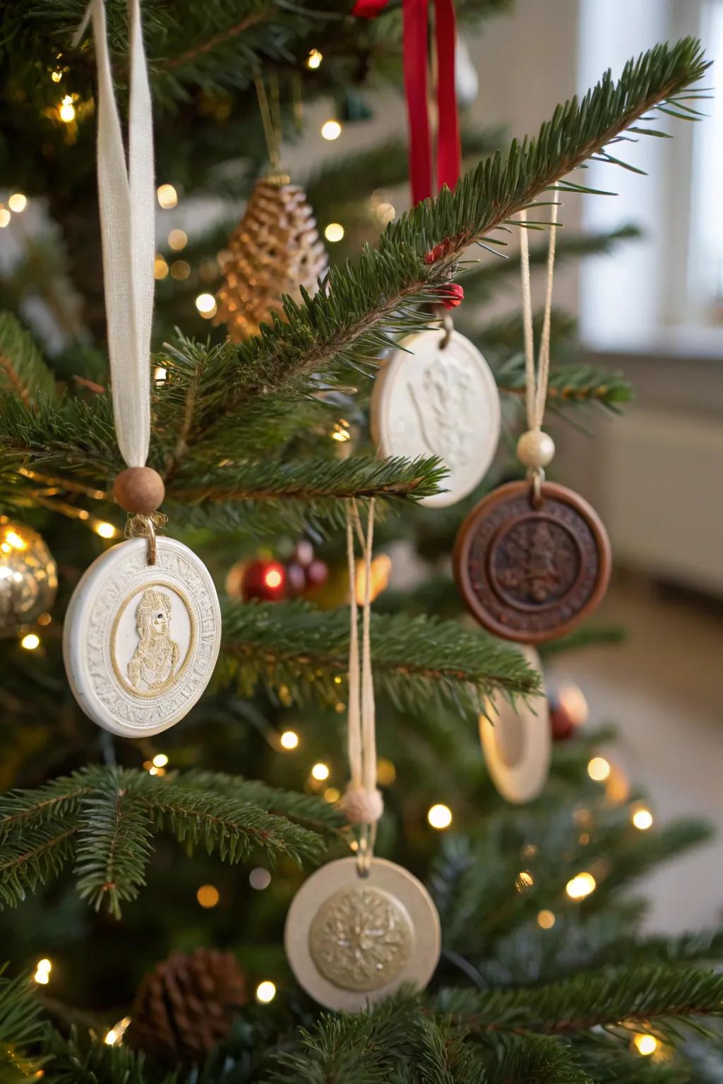 Festive tree decor featuring wax seals, adding a handcrafted and festive touch.