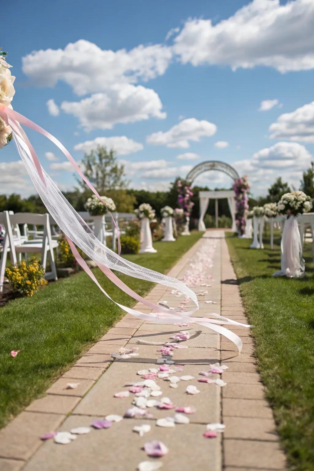 Flowing streamers add a whimsical and colorful touch to the aisle.