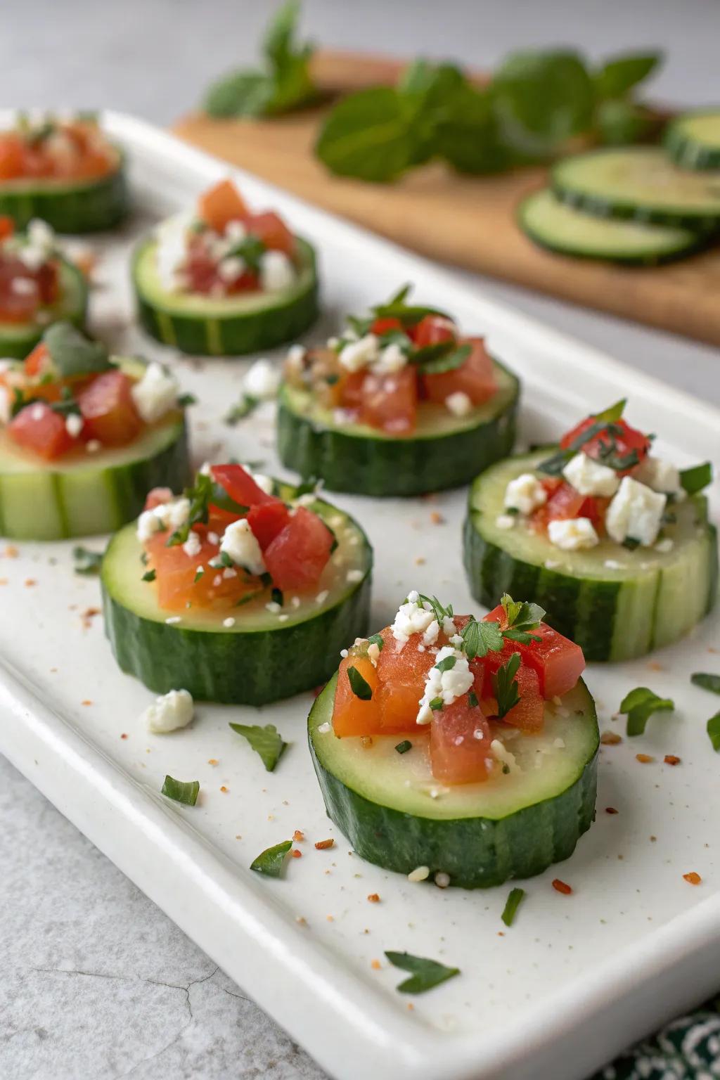 Refreshing cuke bites topped with a variety of delicious spreads.