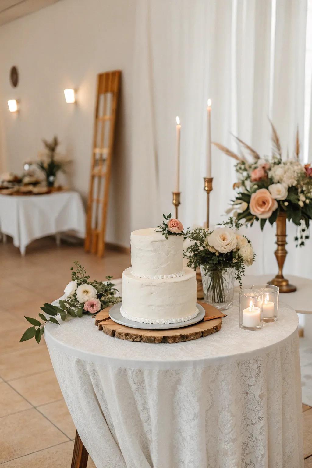 A humble wedding cake presentation demonstrating minimalist elegance.