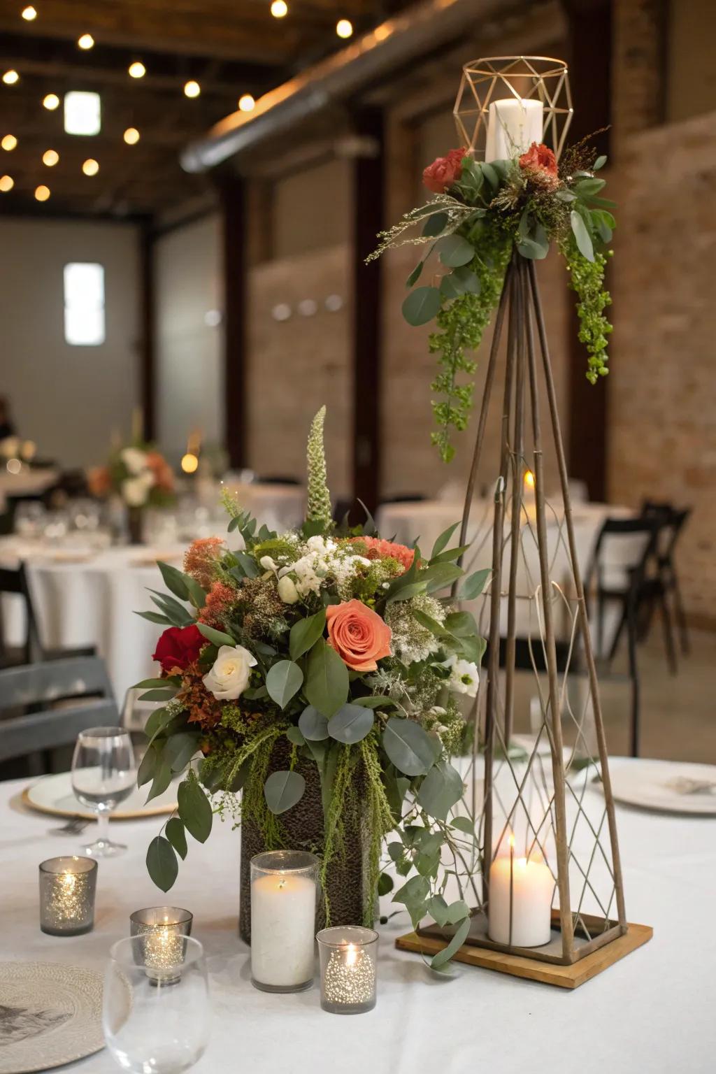Industrial chic centerpiece integrating metallic facets with floral specimens.
