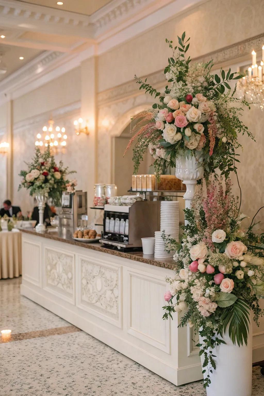 Floral pieces adding class to a wedding coffee bar.