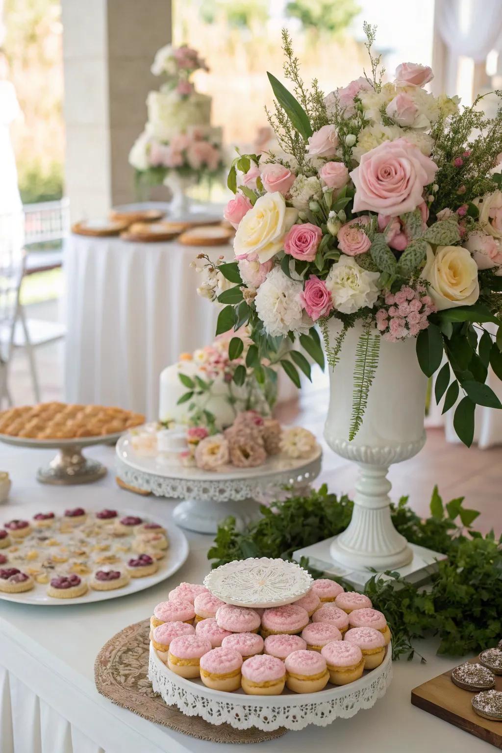 A central botanical layout furnishes a visual anchor on a wedding cookie arrangement.
