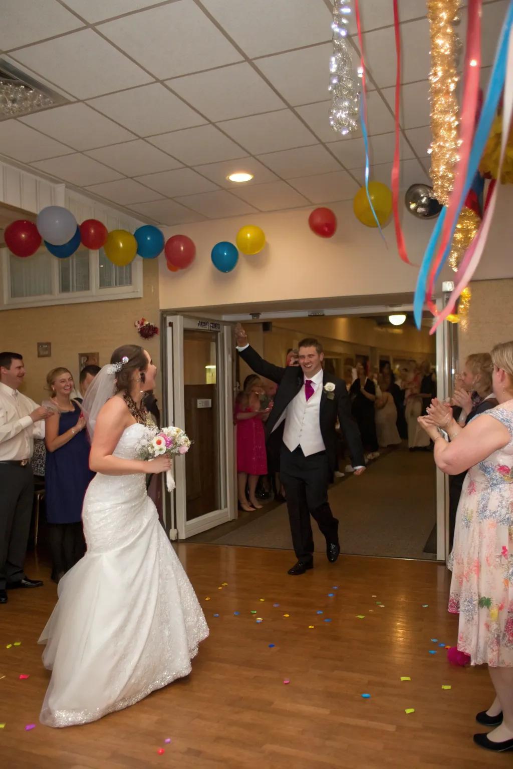 A sudden group dance infuses vitality and excitement into the reception.