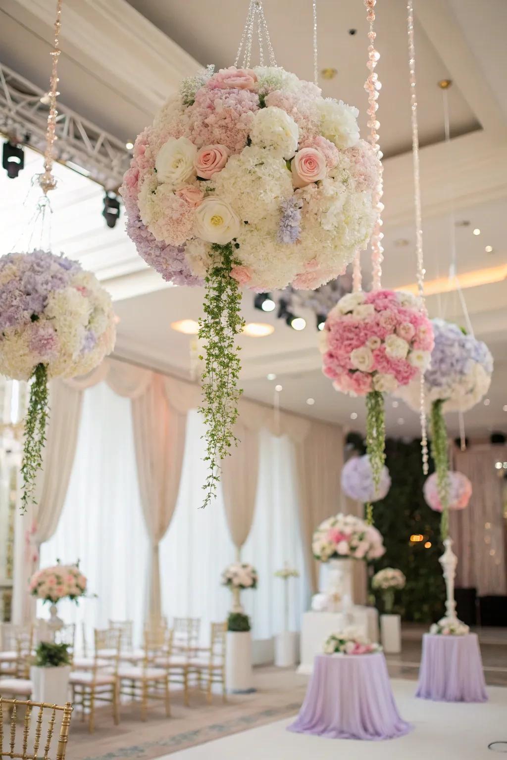 Sky-high bloom installations, creating a magical and eye-catching atmosphere for the wedding.