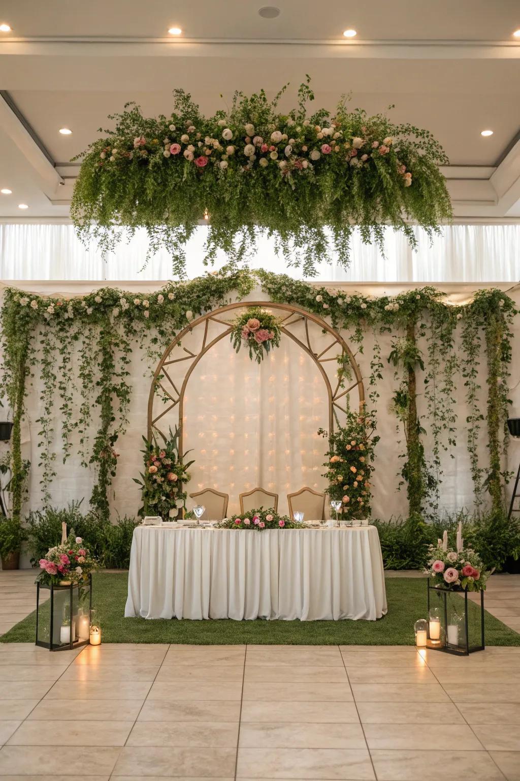An organic-inspired backdrop enhances the head table.