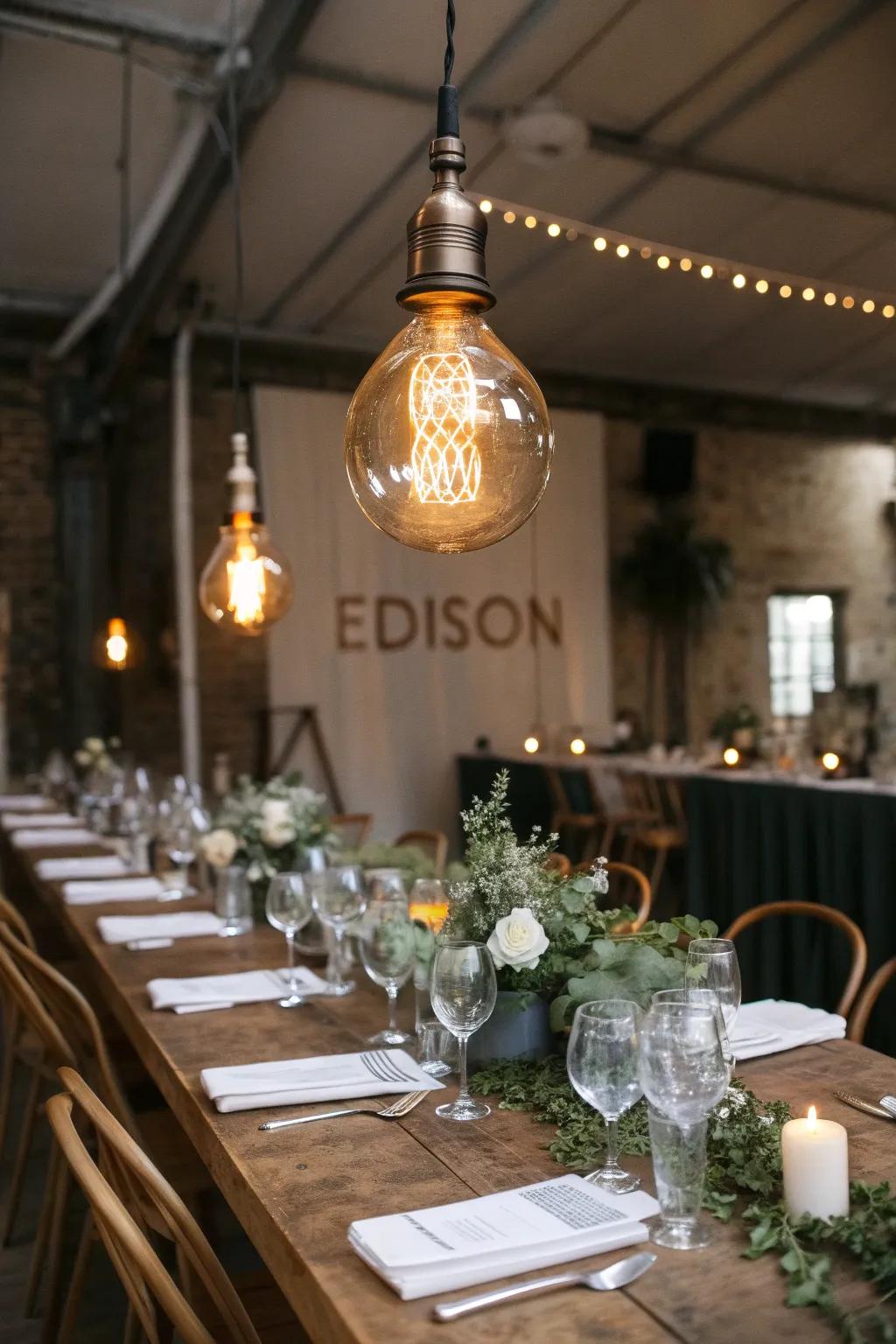 Filament globes convey an industrial chic flair to your wedding tables.
