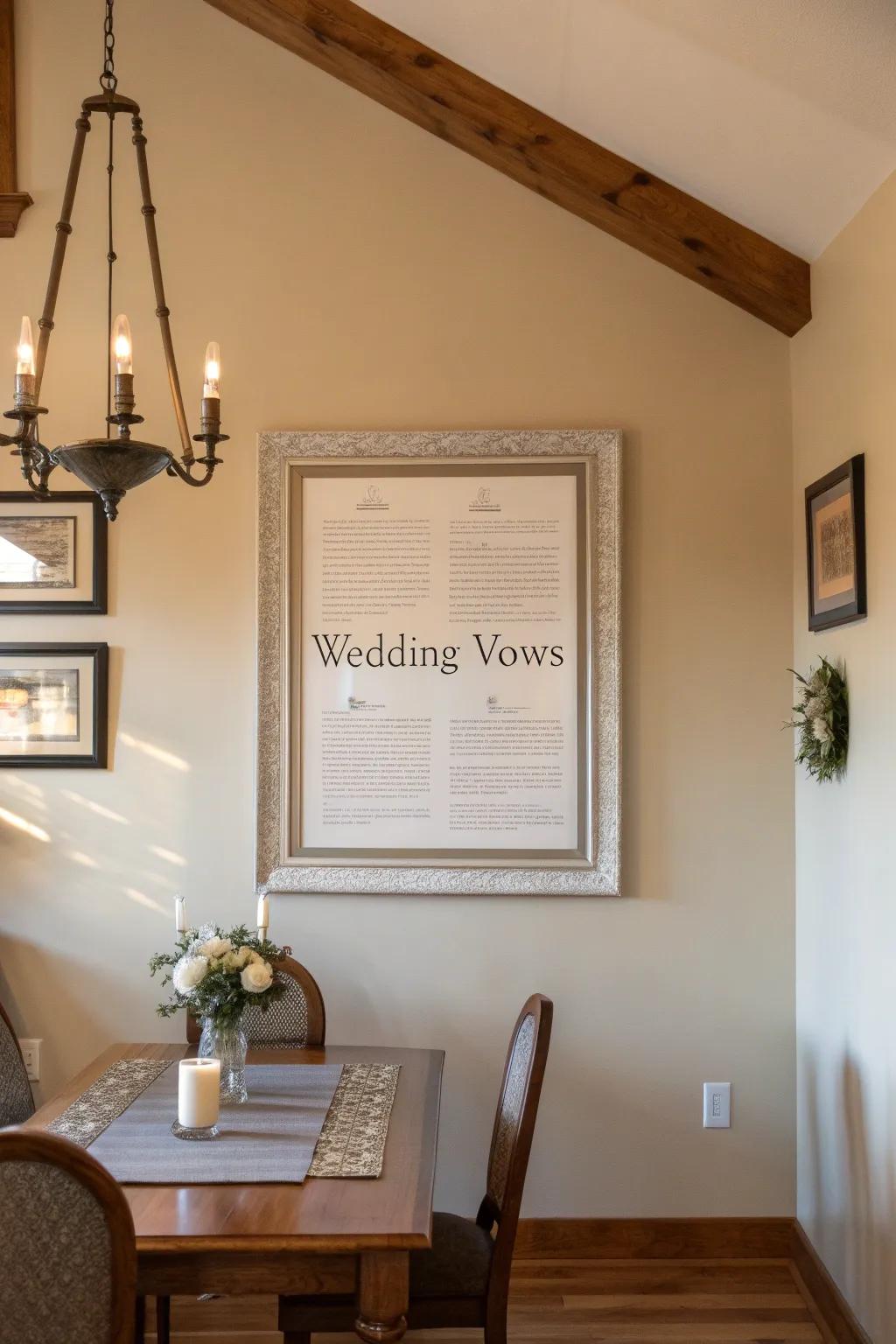 Modern drifting frame of vows adding elegance to a dining area.