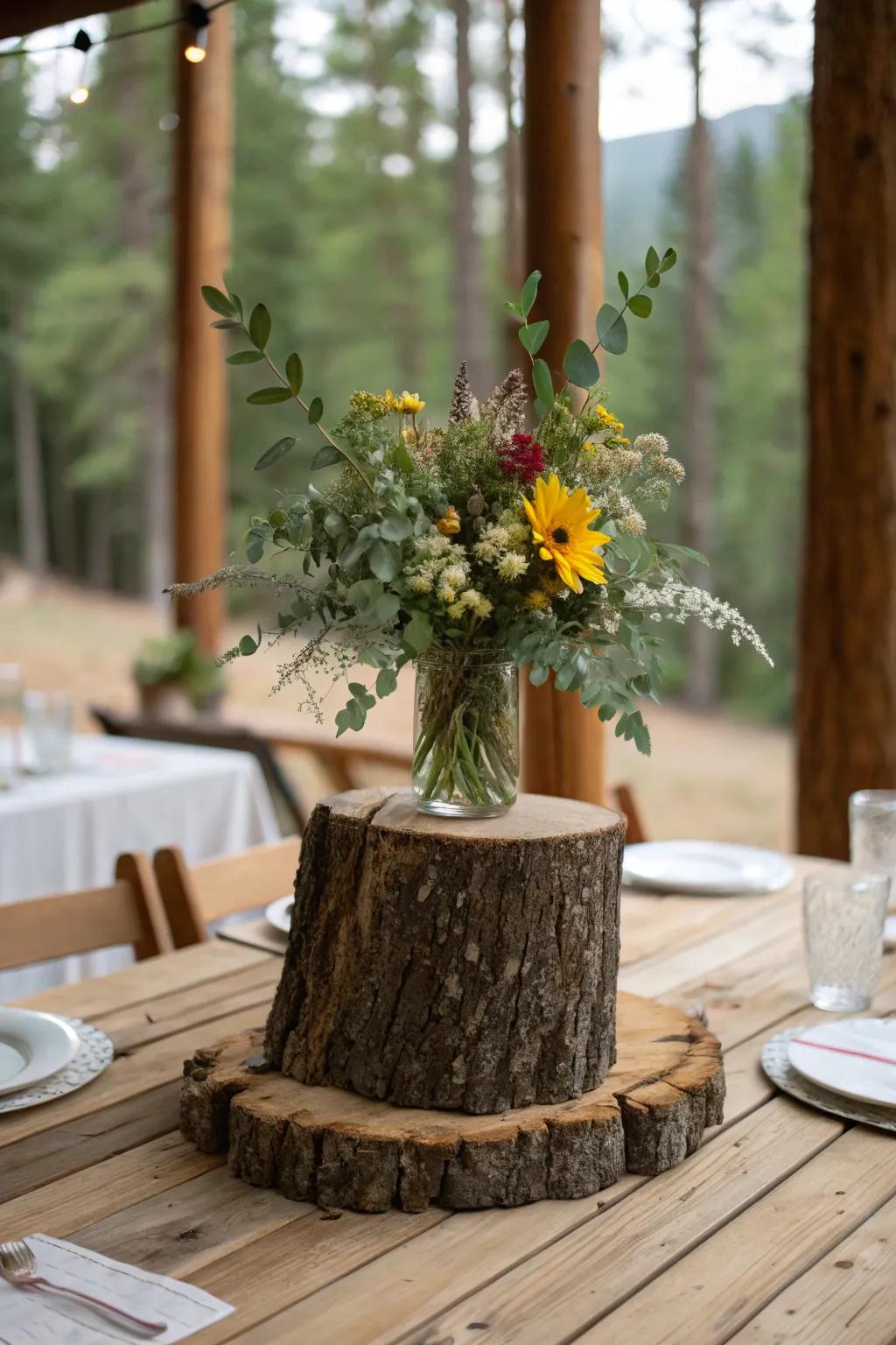 A tree stump offers natural elegance and country-style charm to any table setting.
