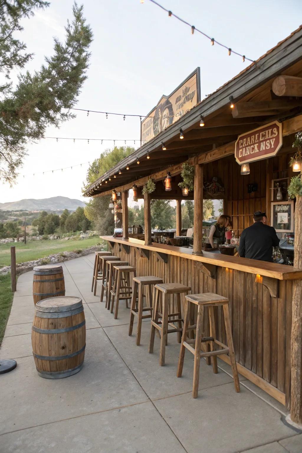 A cowboy-themed bar contributes a fun, casual vibe to the patio.