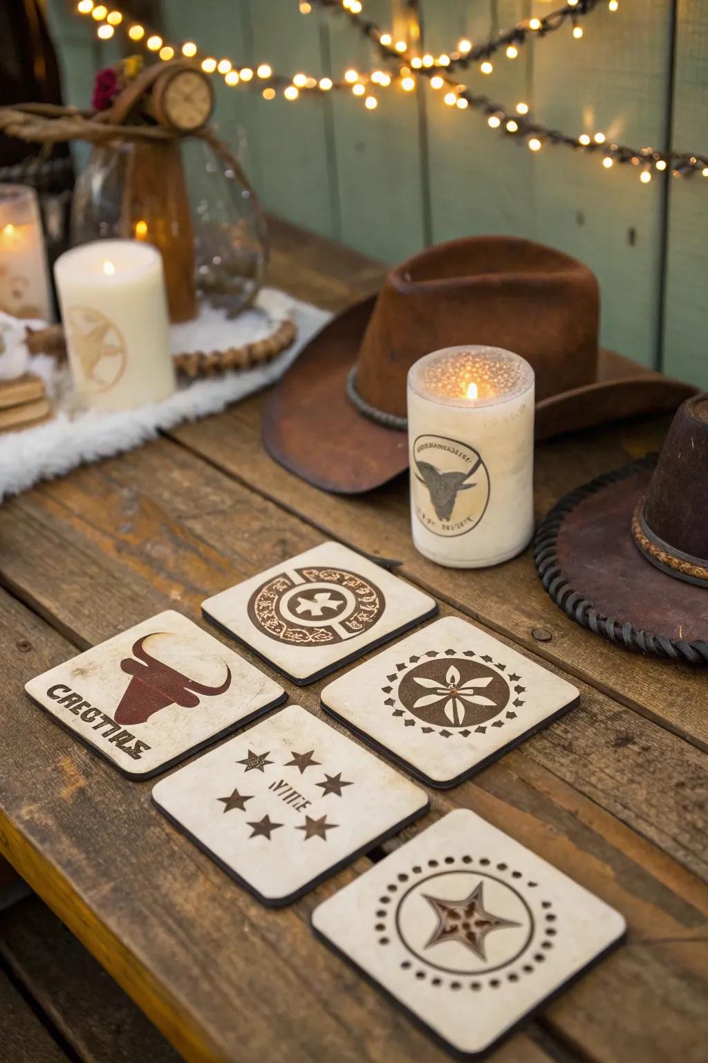 DIY cattle sign coasters add a personal touch.