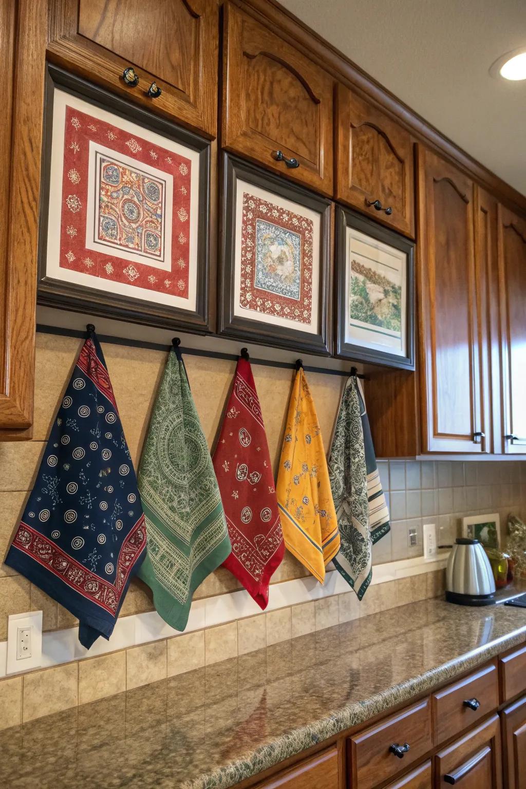 Framed vintage bandanas adding color and charm.