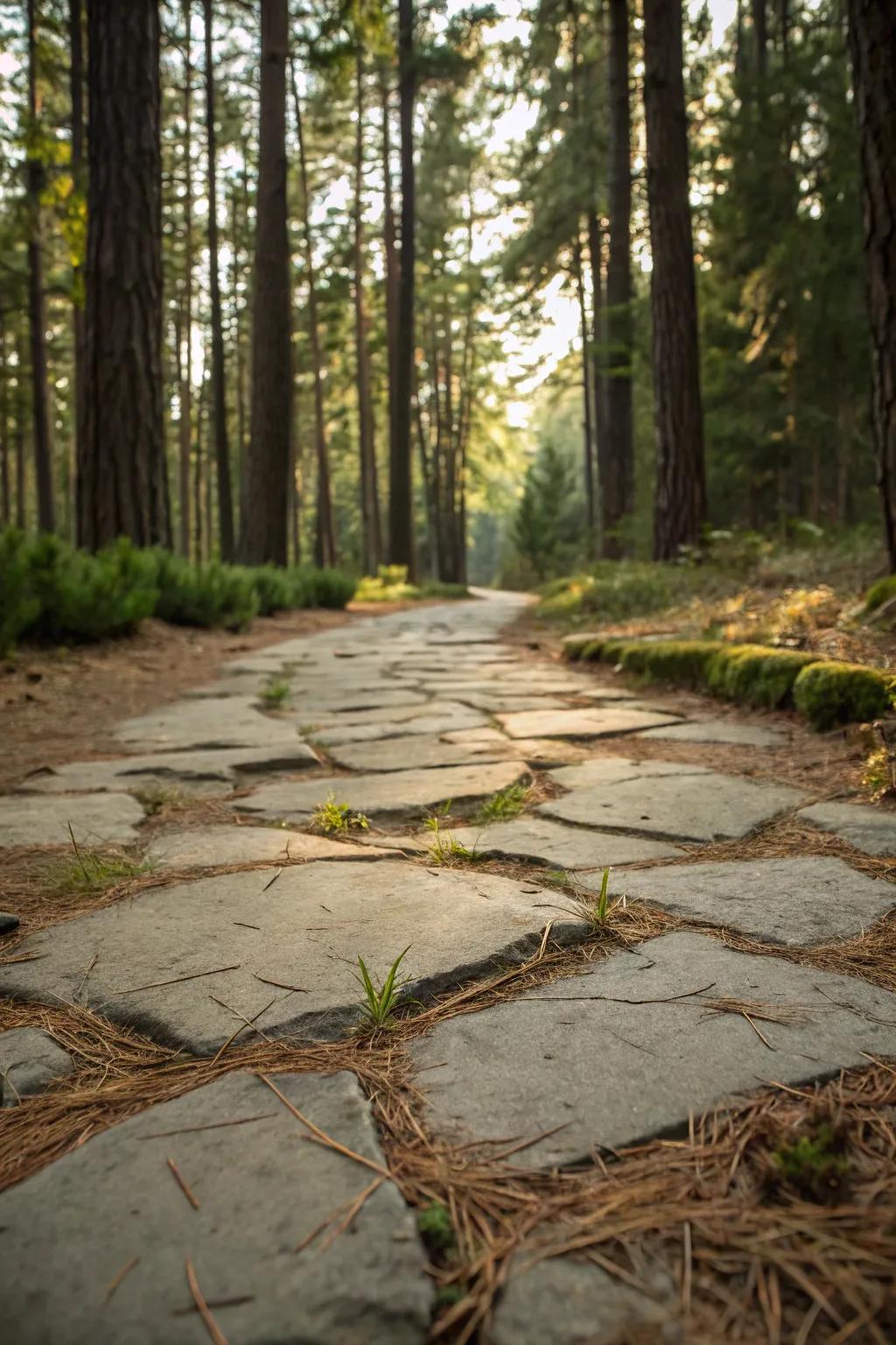 Fir needles infuse a woodland charm into flagstone paths.