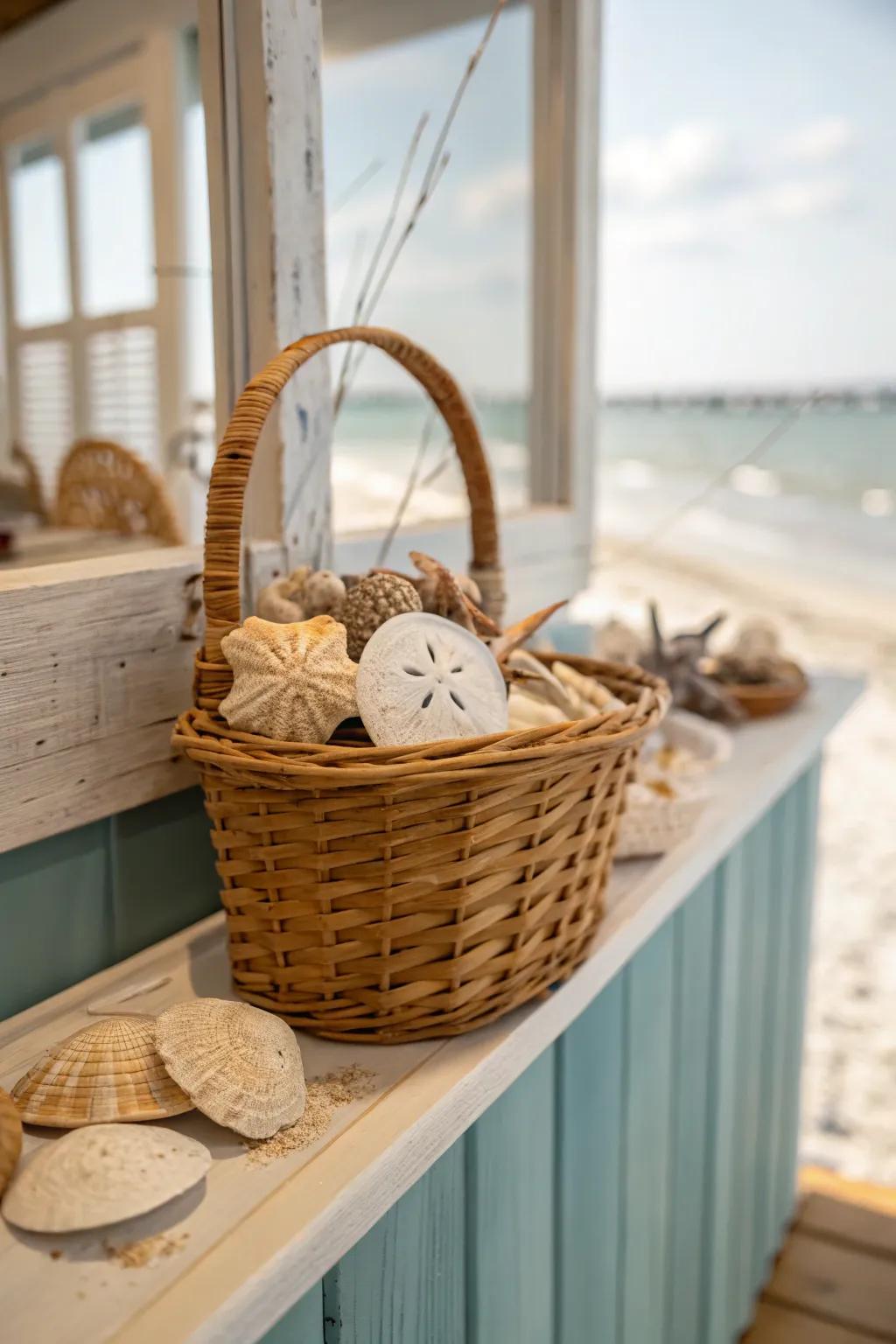 A basket showcasing seashells forges a personalized and thematic exhibition.