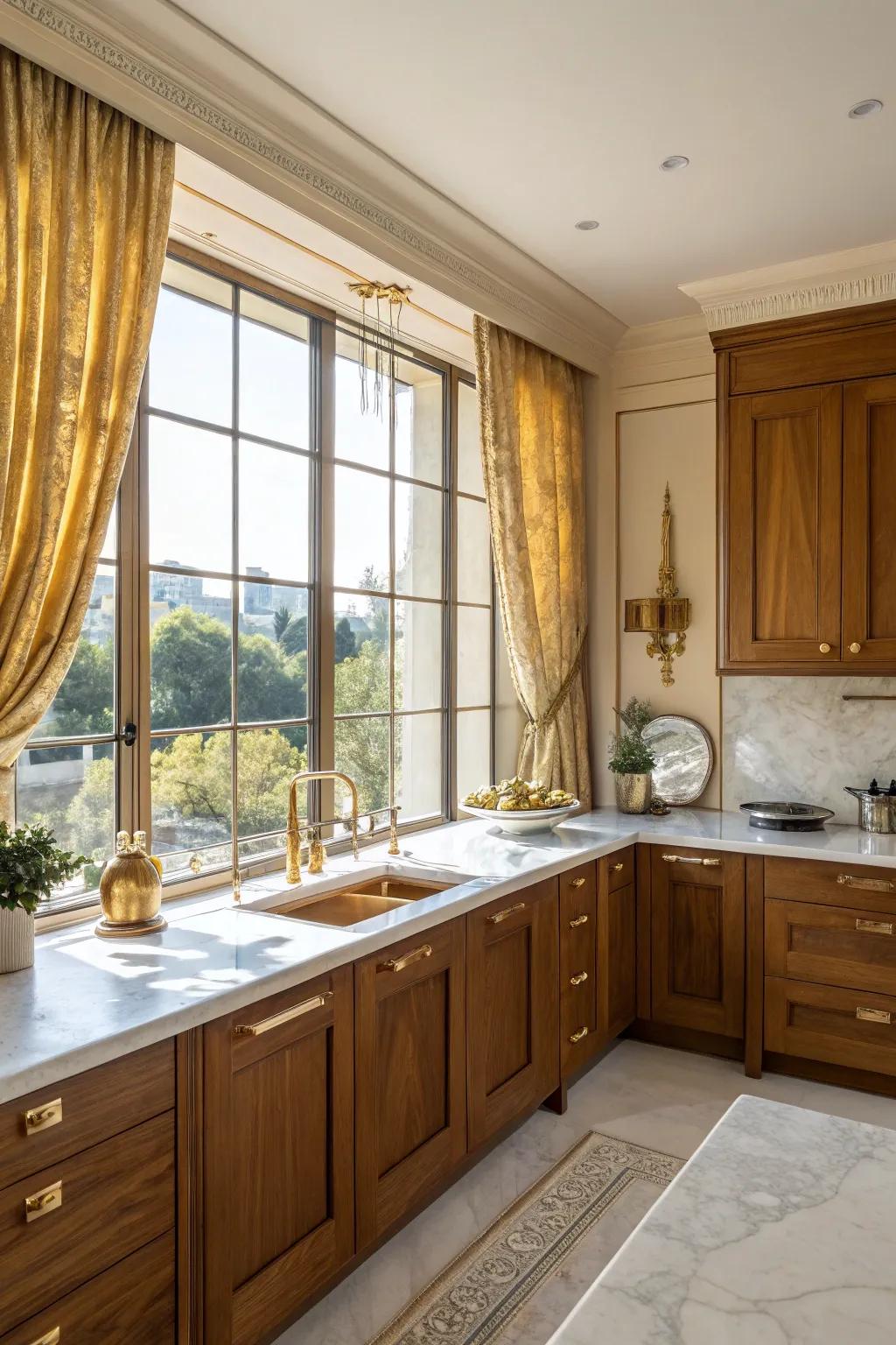 Gilded featured window dressings beautifully frame your kitchen space.