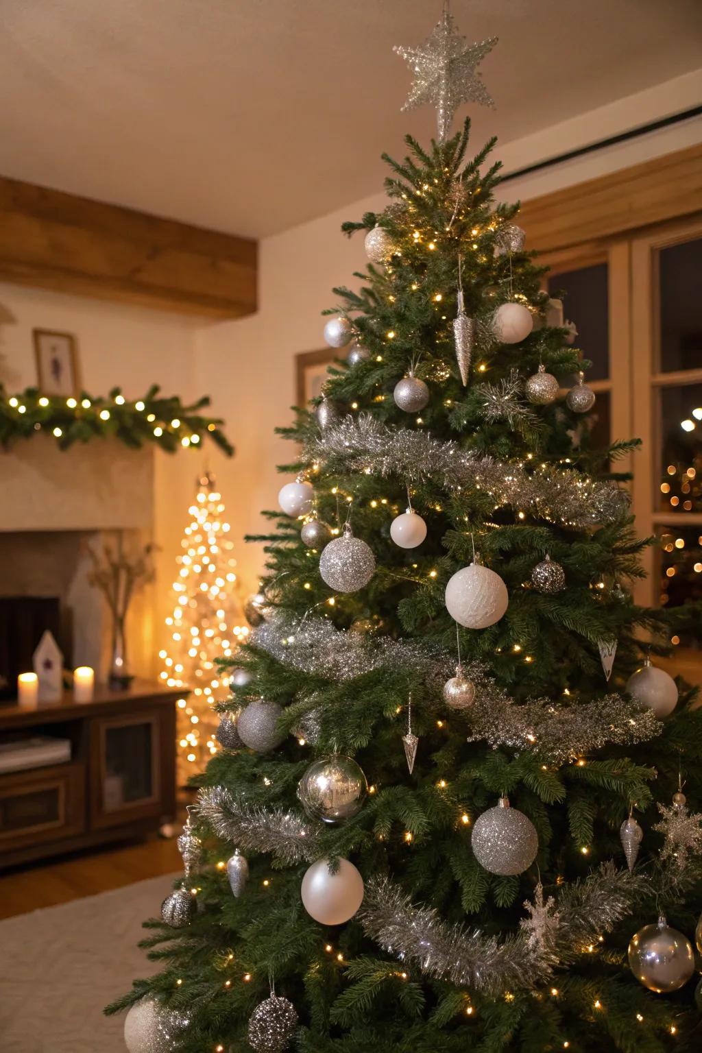 Sparkling silver sprigs introduce depth and shimmer.