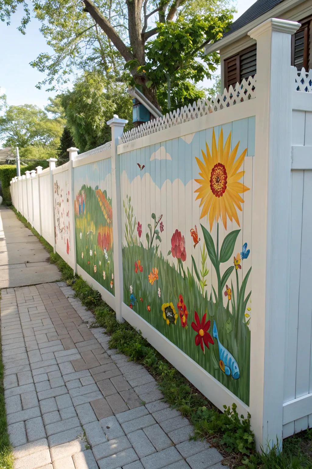 A vibrant mural transmutes a white fence into a fragment of personal artistry.