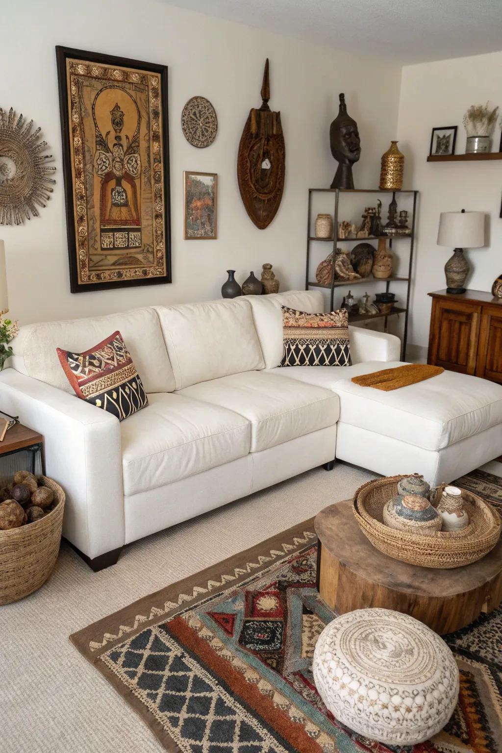 Cultural heirlooms append a personal narrative to a living space featuring a creamy white sectional.