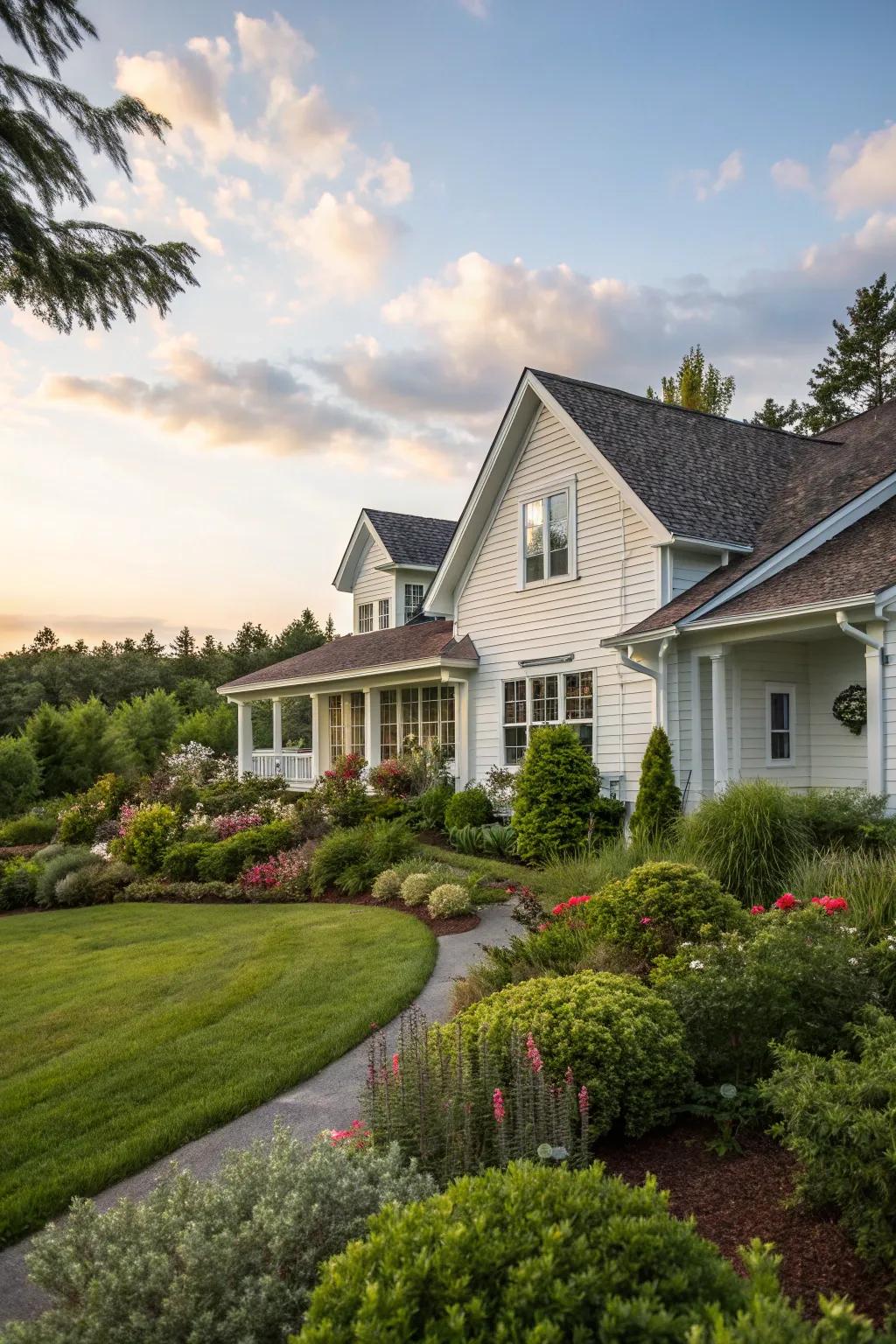 A house with white vinyl siding embraced by vibrant, nature-inspired garden design.