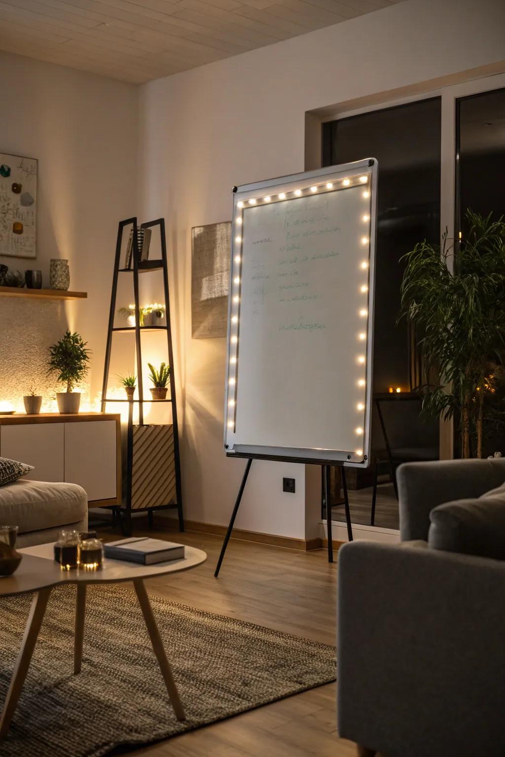 Light emitting diode illumination imparts the whiteboard a magical and ambient radiance.
