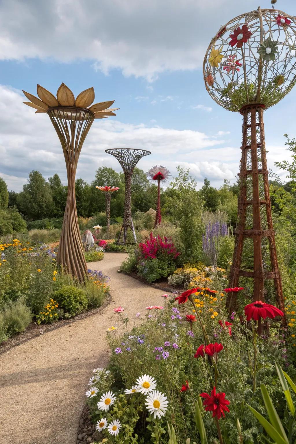 Where art intersects with nature in a garden showcasing wildflower-inspired artwork.