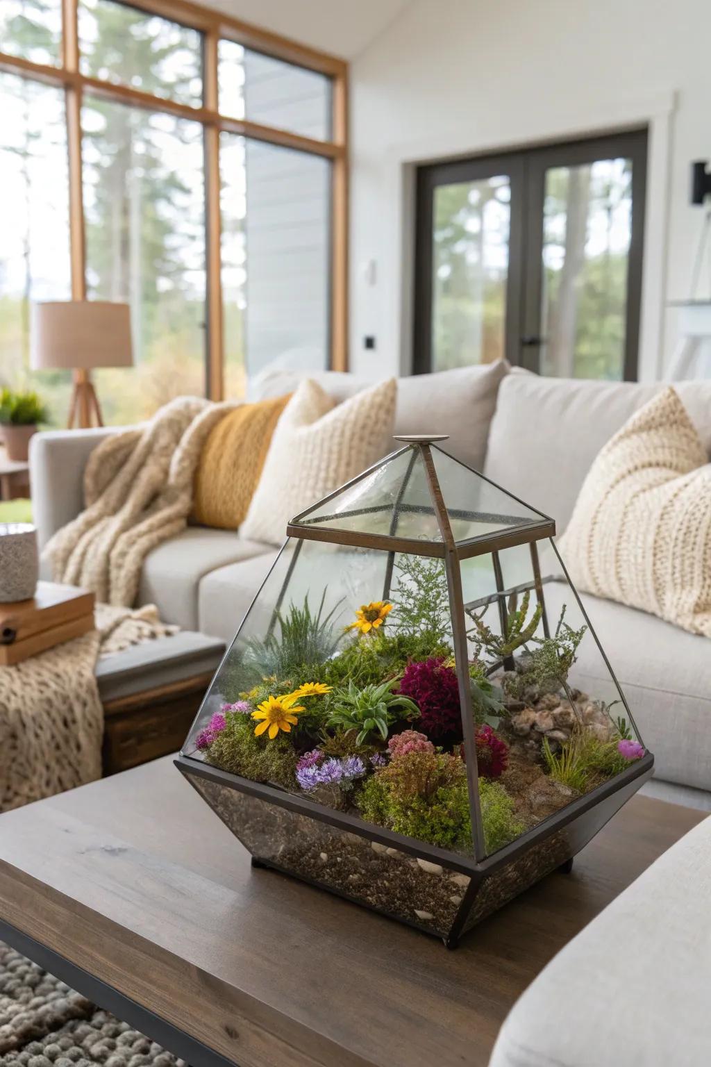 A terrarium populated with wildflowers fashions a living artwork.