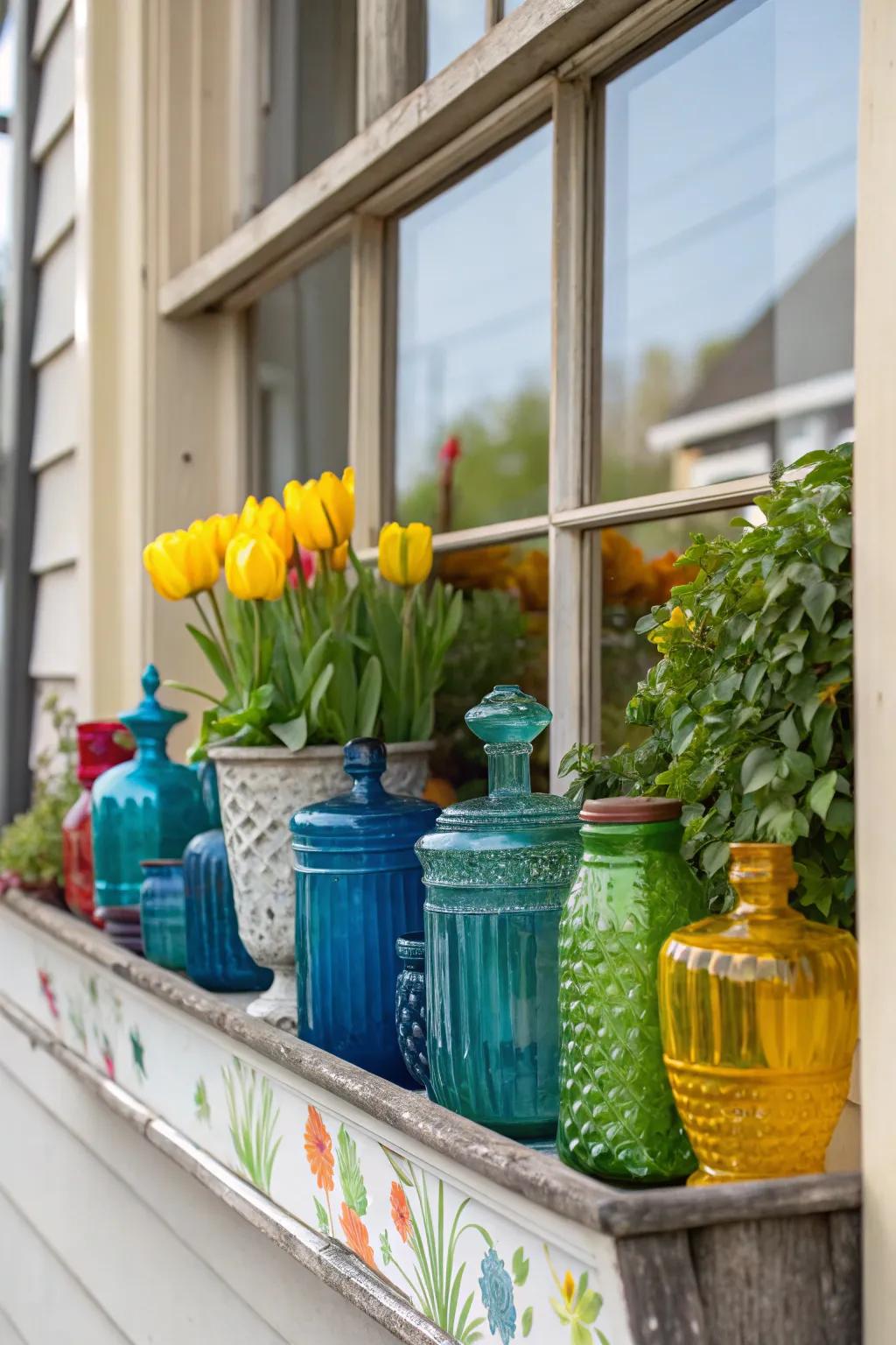A dazzling array of glass jars casting a spectrum of colors within a window box