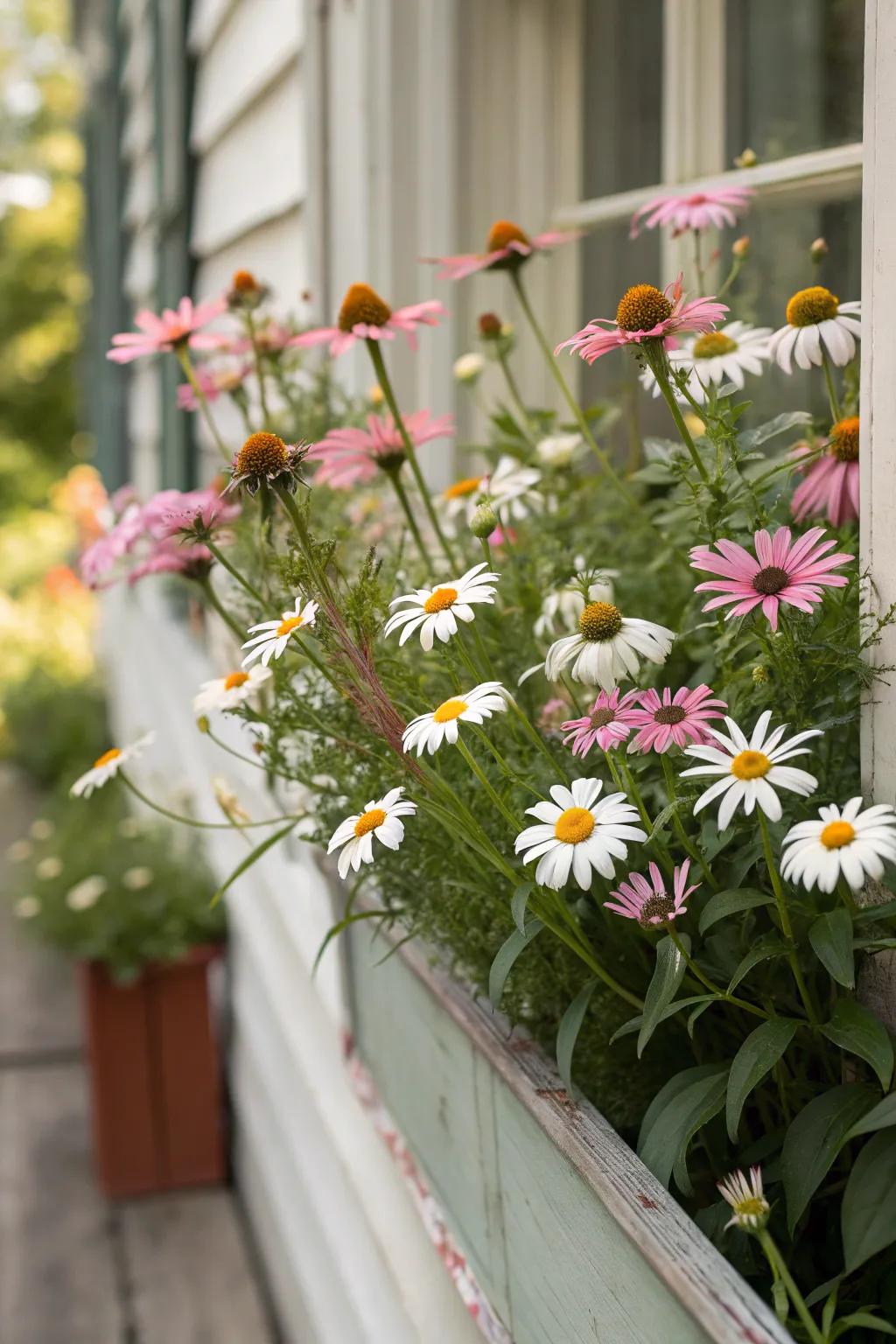 A carefree wildflower vista featuring daisies and coneflowers.