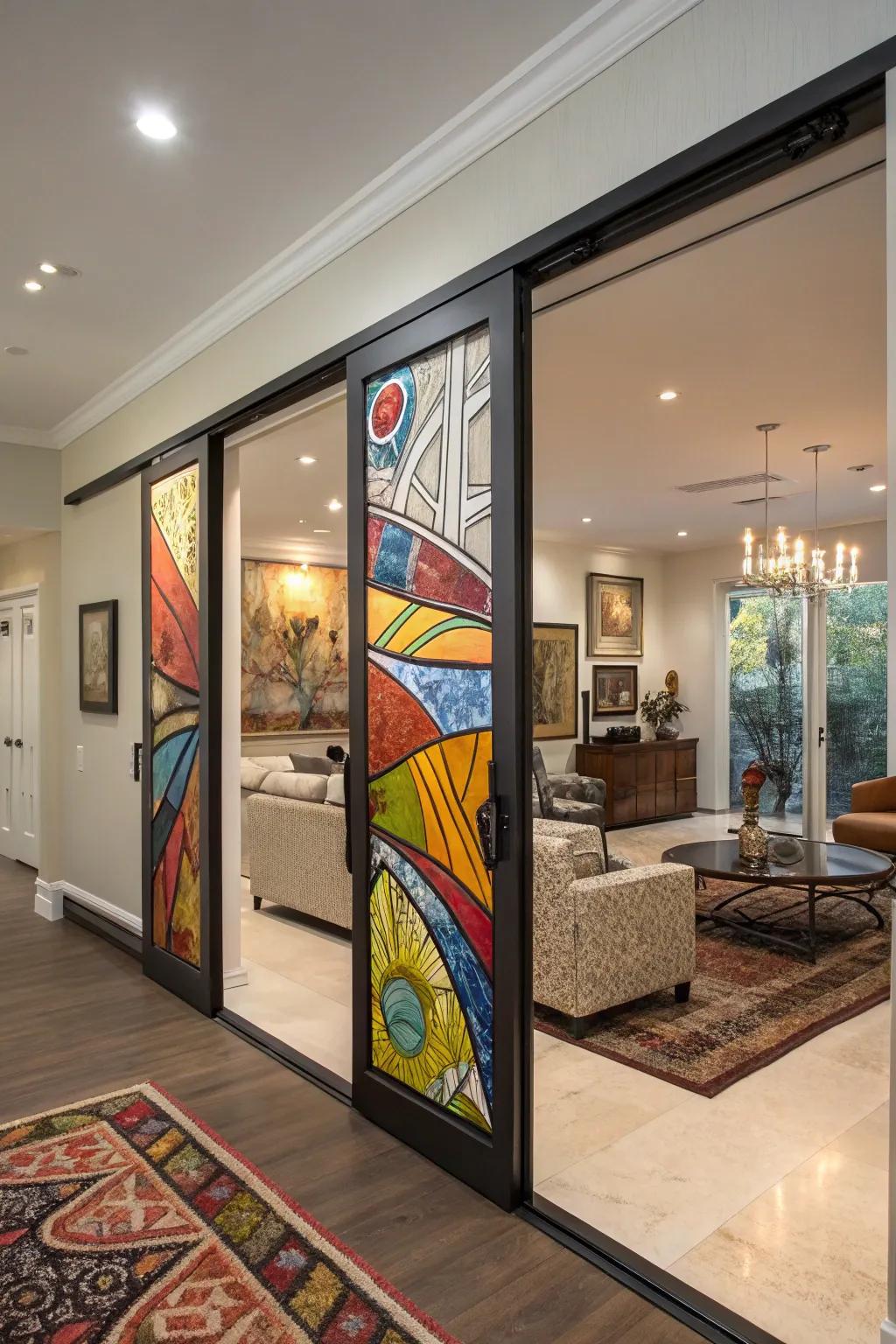 Bespoke artistic panels transform doors into a gallery wall.