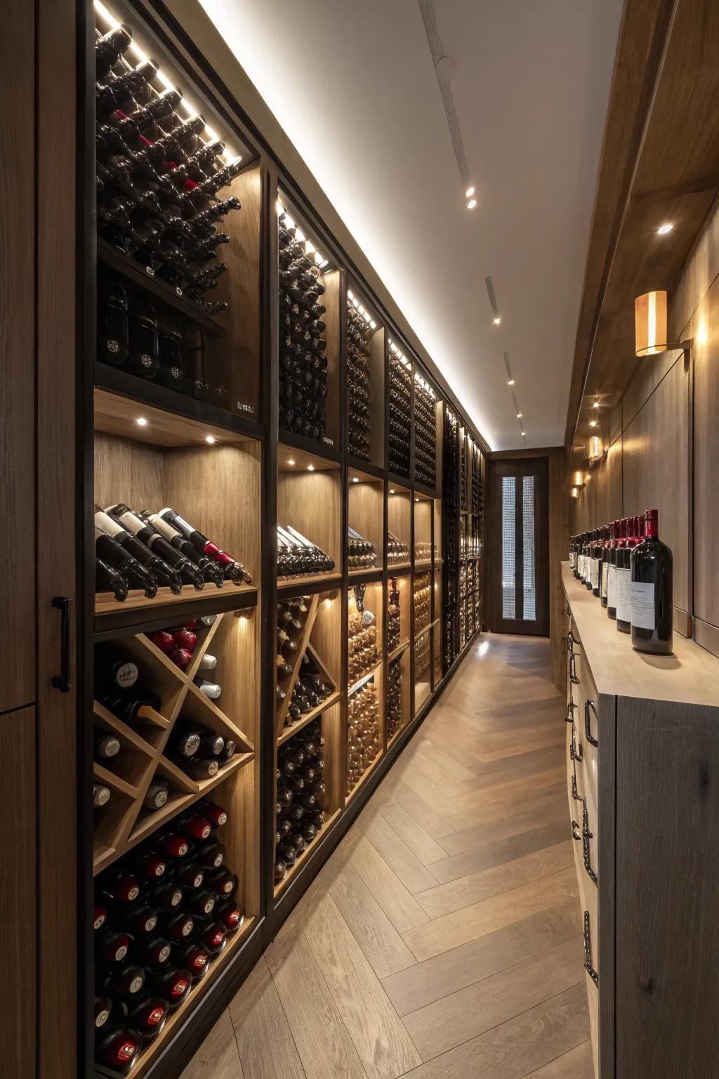 Beneath-counter lighting contributing a gentle radiance to the wine room.
