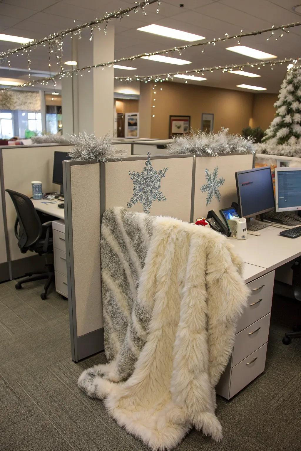 A winter-themed cubicle change adds a shocking and fun touch to personal workspaces.