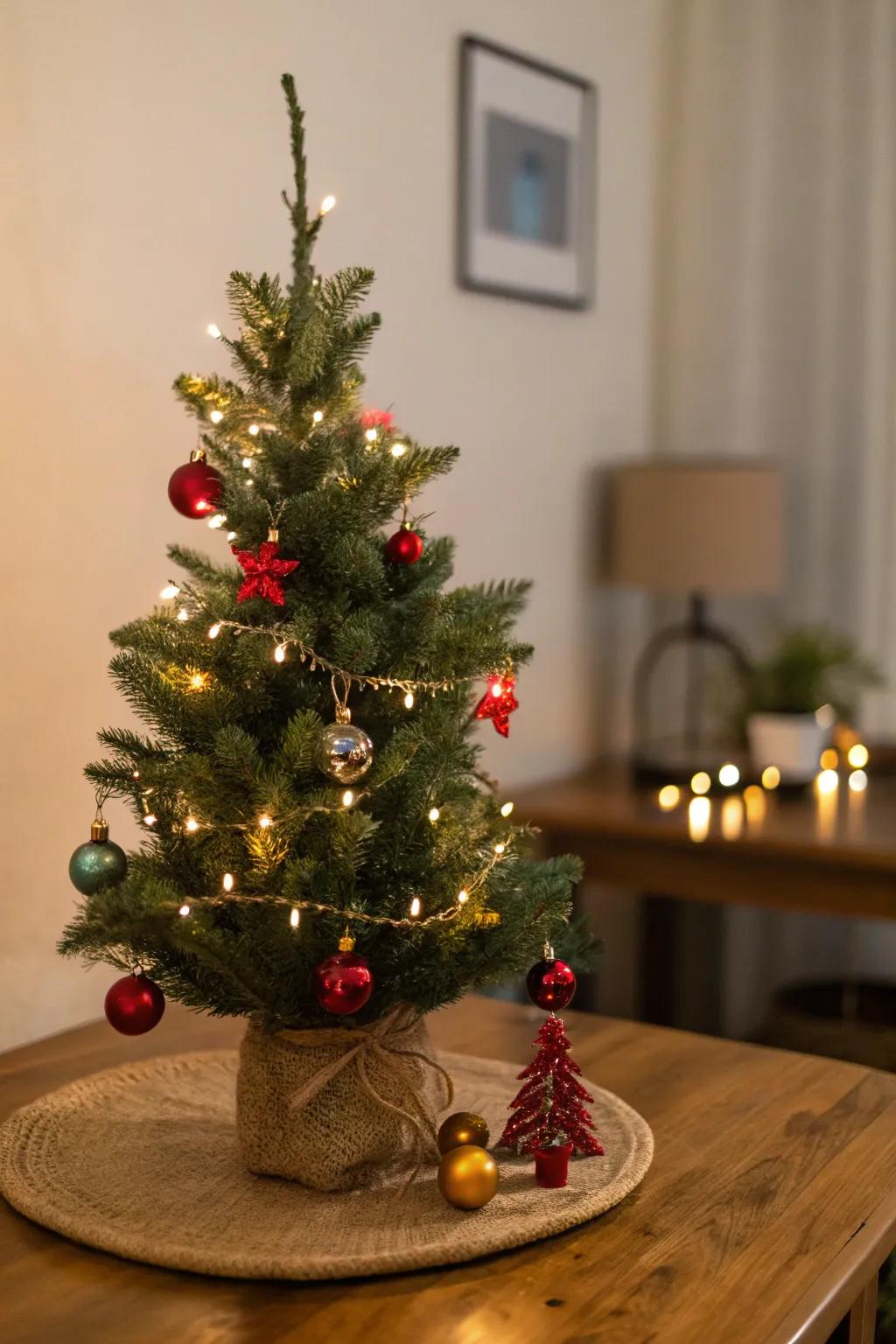A tabletop yuletide arbor ushers celebratory cheer into compact spaces.