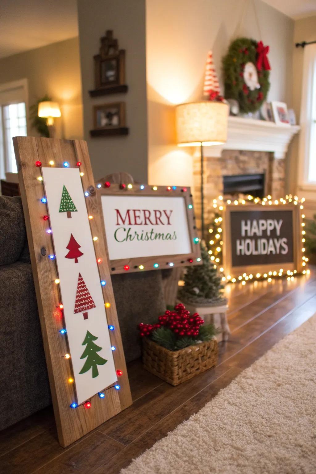 Personalized winter signs add warmth and character.