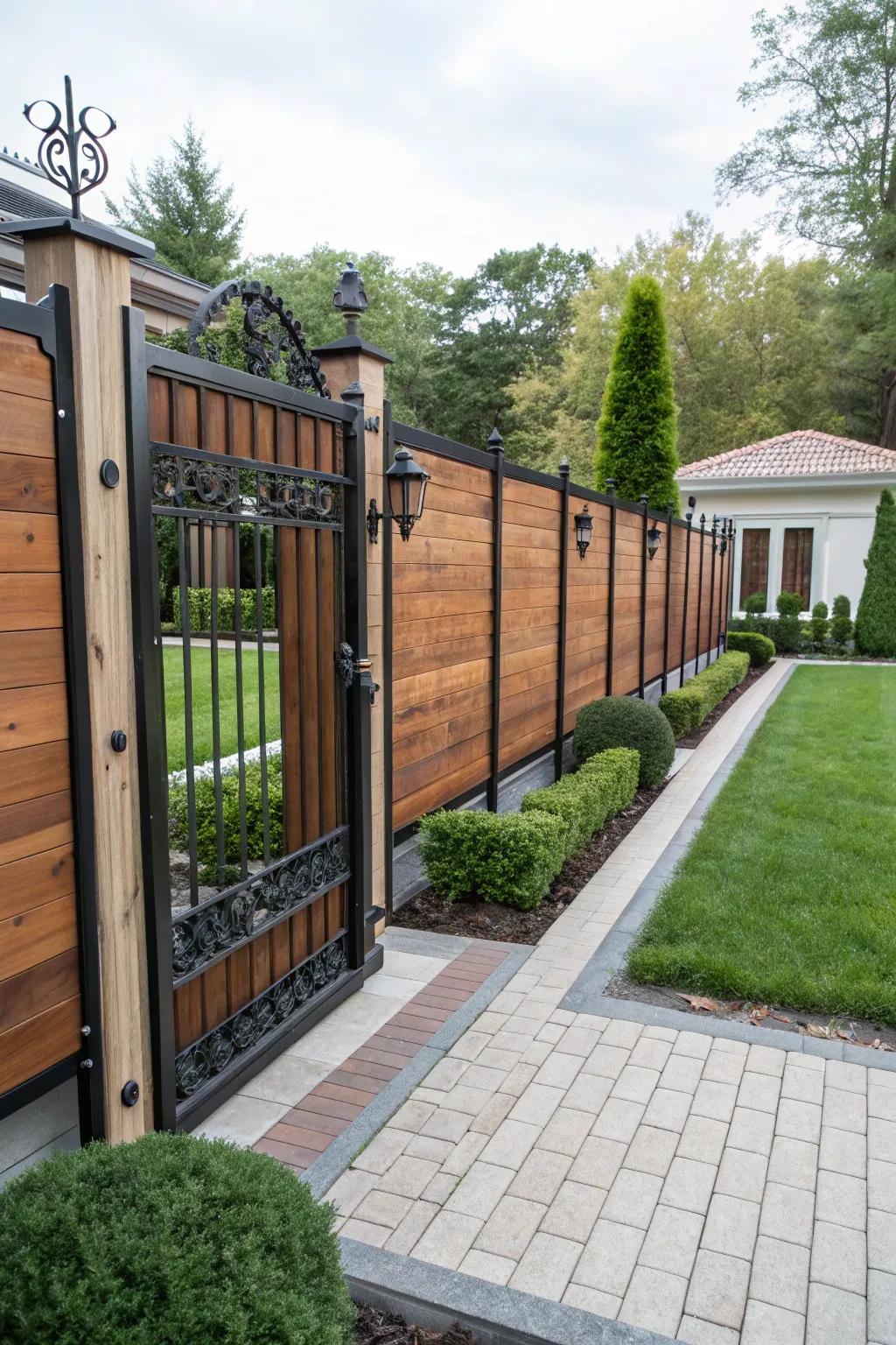 A daring, attention-grabbing fence exhibiting expansive lumber planks and steel details.