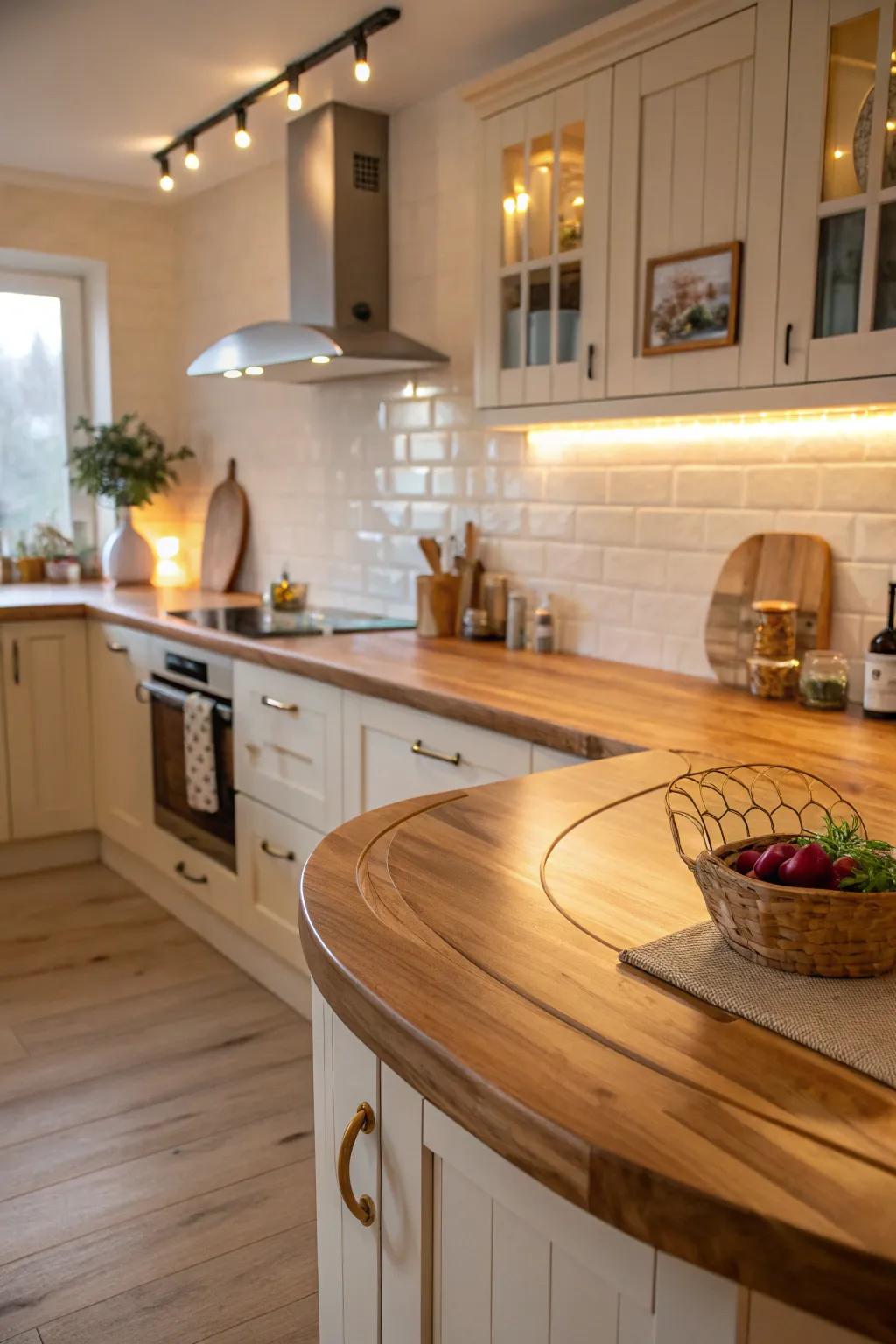Arched borders contributing elegance and flow to wood countertops.