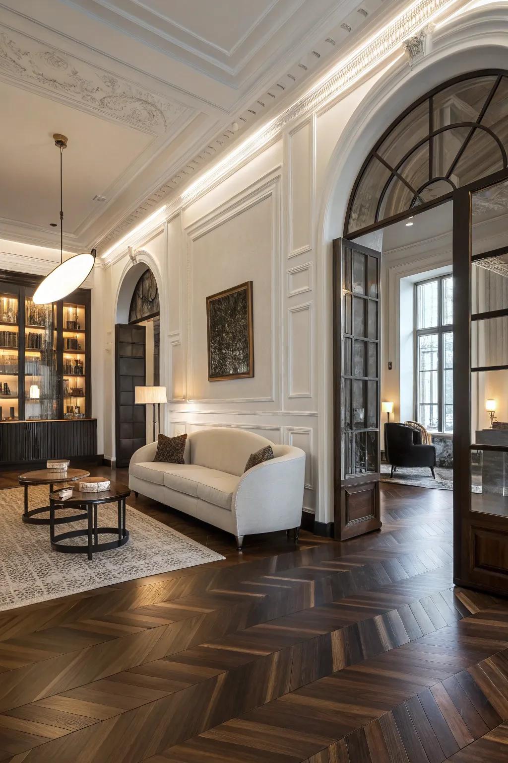Stylish room featuring contrasting wood flooring.