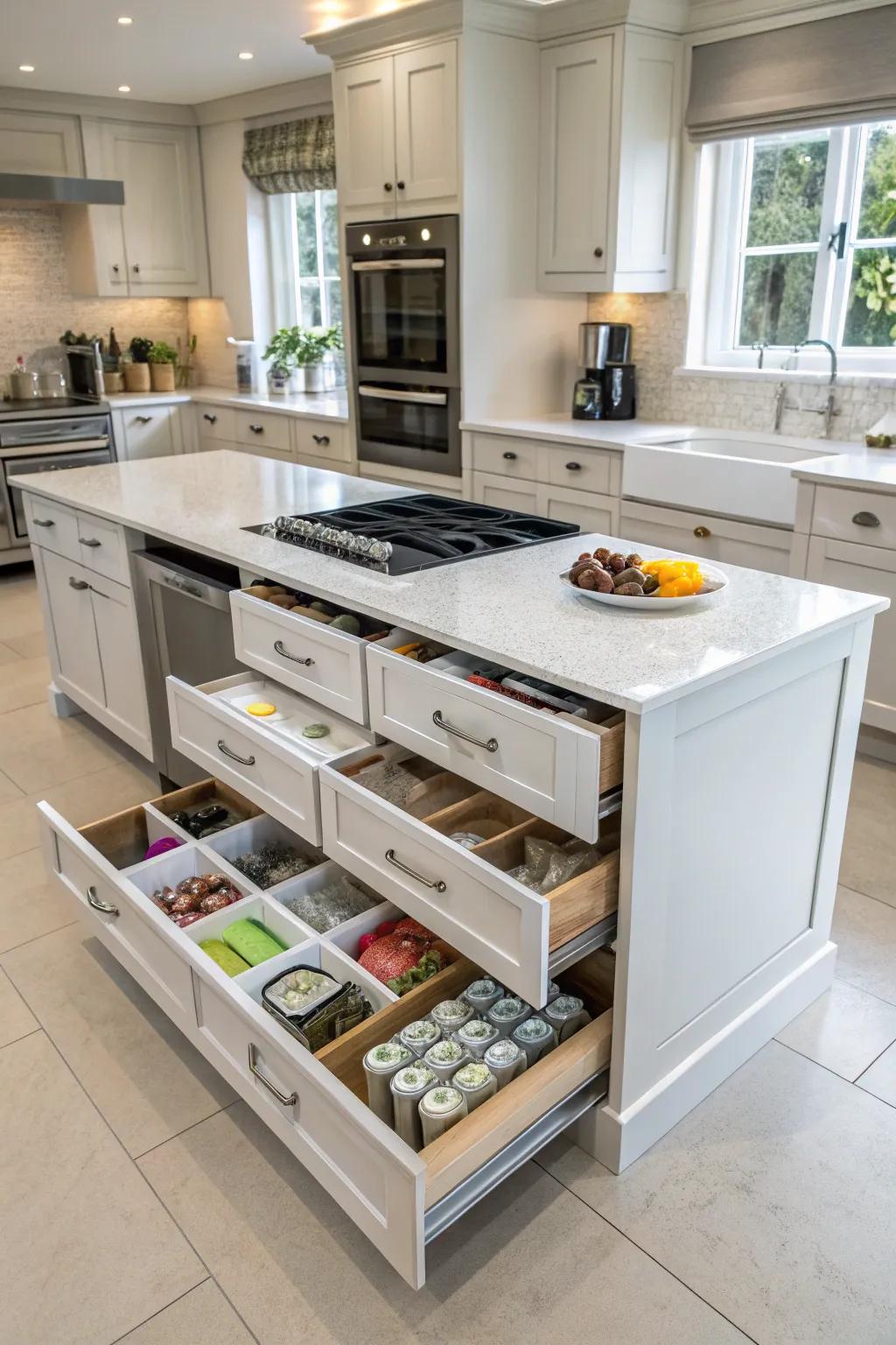 This island offers both style and practicality thanks to its hidden storage.