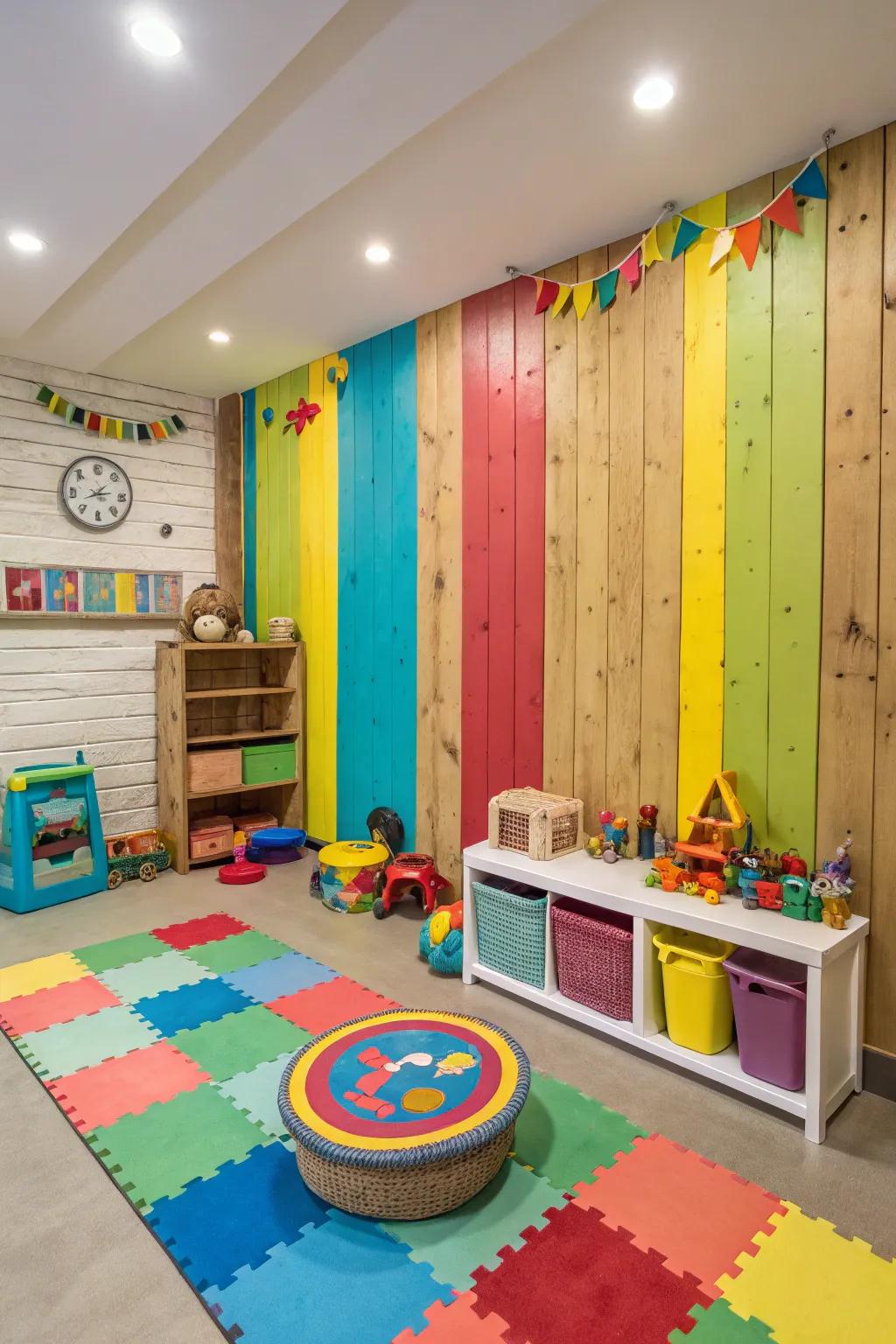 Color-blocked wood panels bring a burst of playfulness to any space.