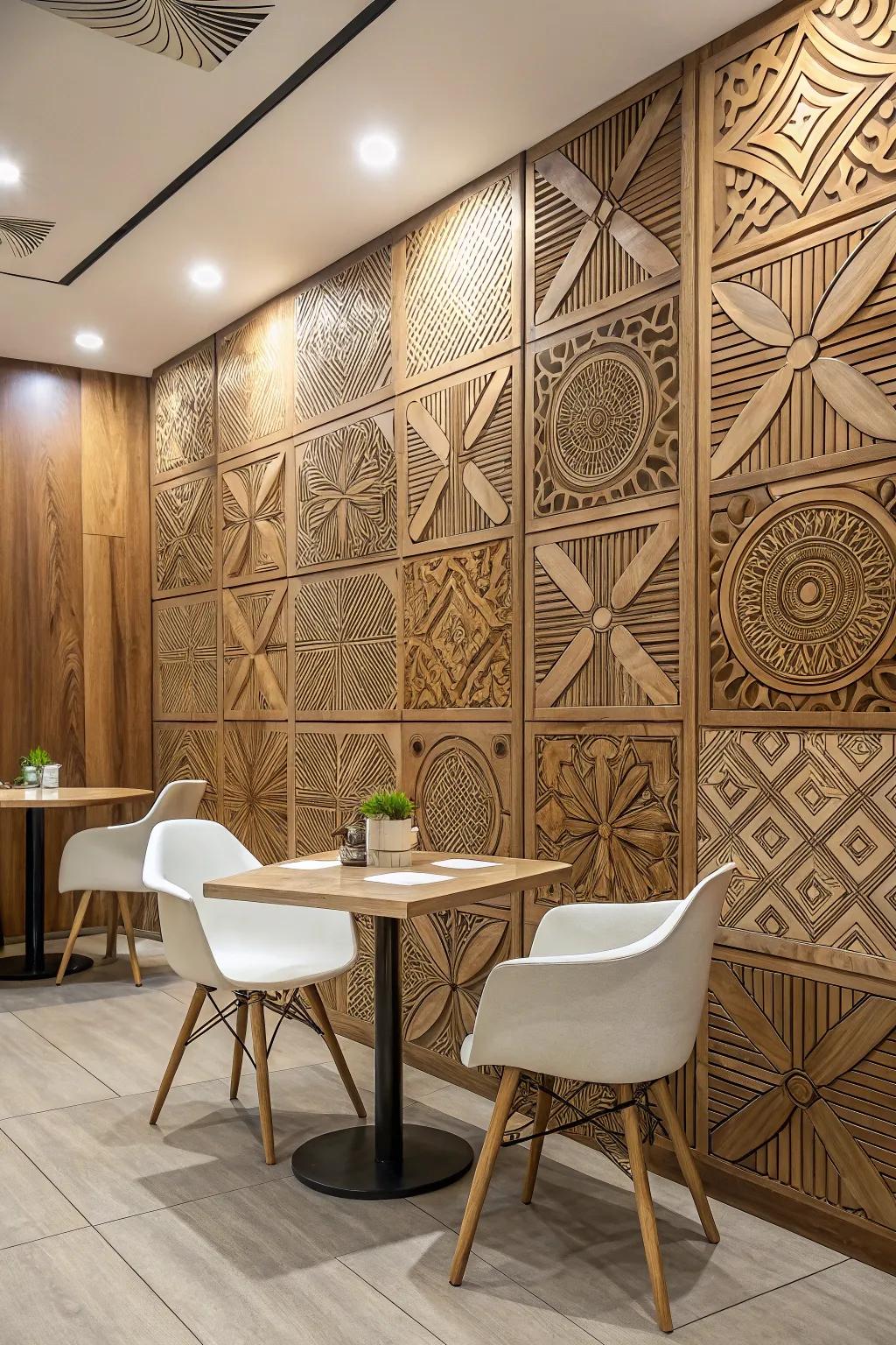 Patterned wood layering establishes a daring artistic statement.