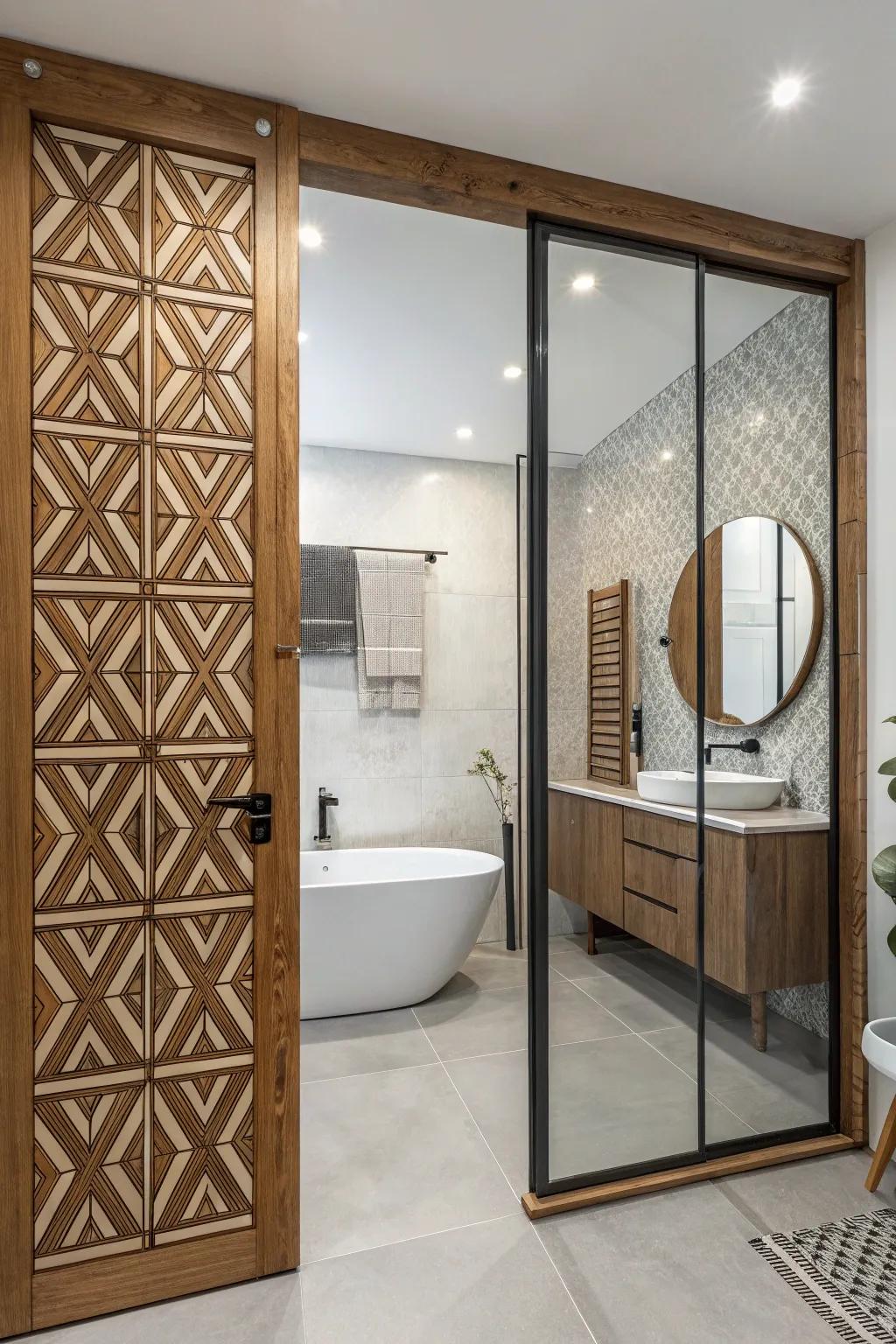 Geometric motifs in timber shape a dynamic and modern style.