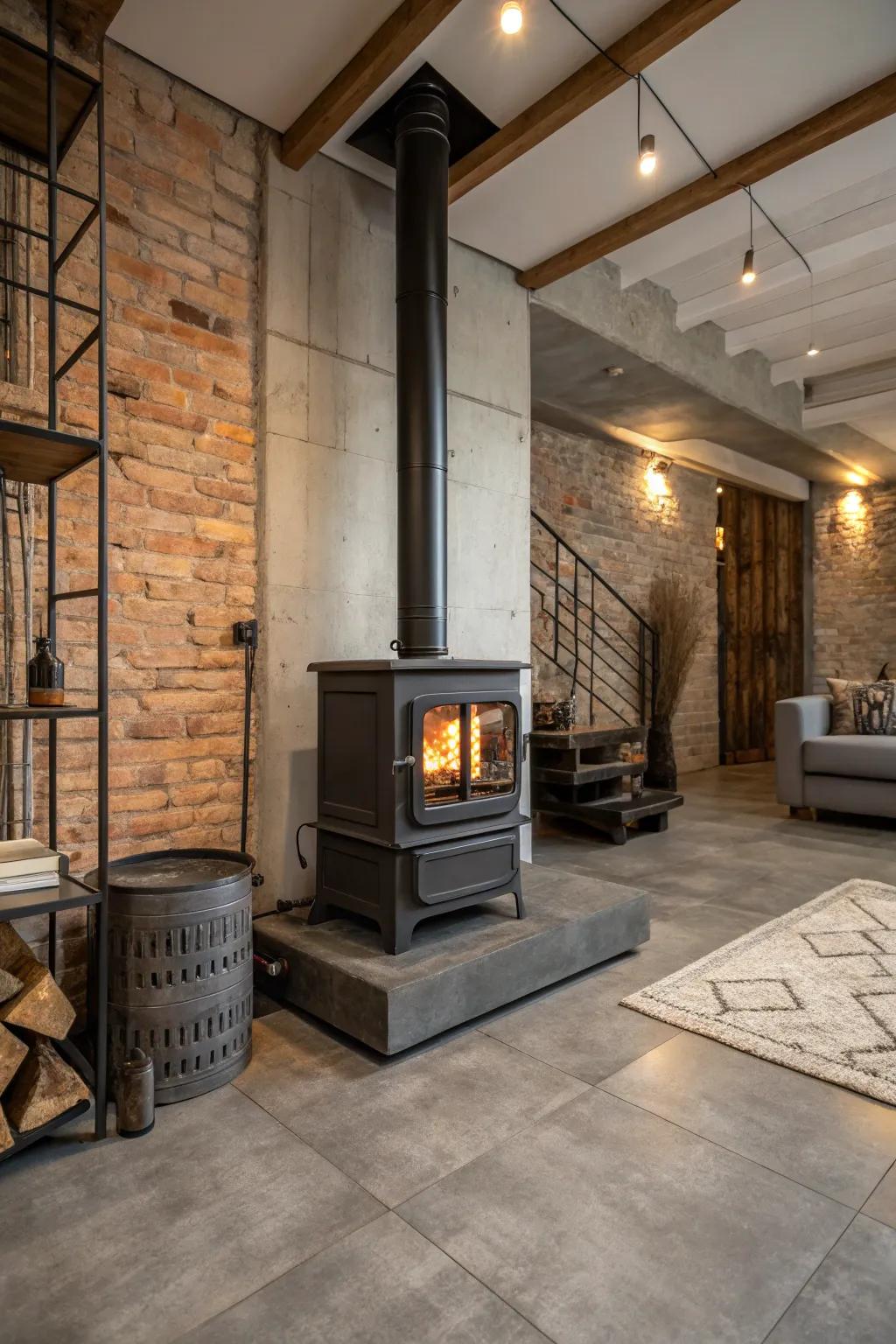 Industrial-style tiles add a raw and edgy look to your wood burner surround.