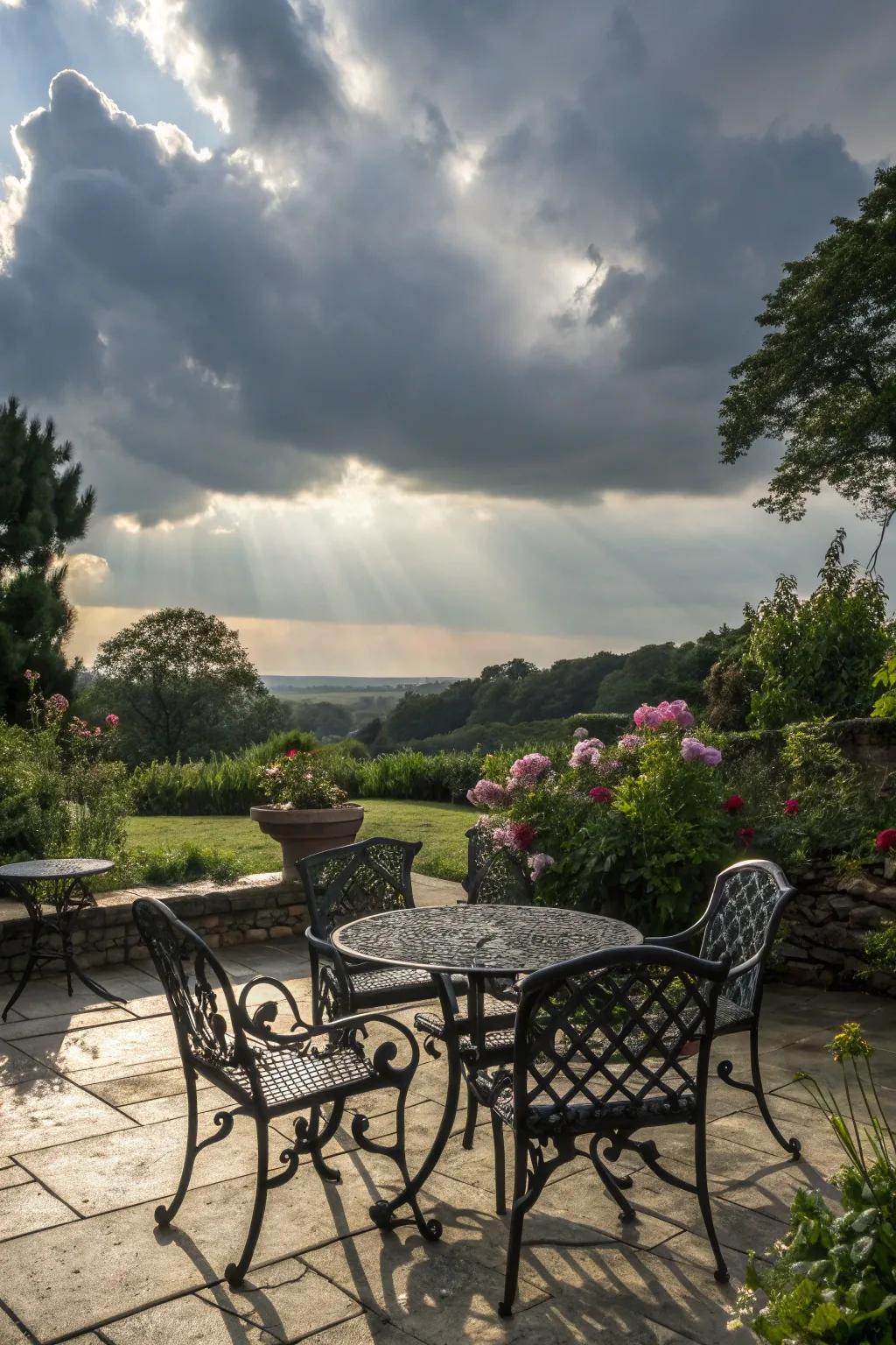 Weather-resilient wrought iron guarantees resilience and style year-round.